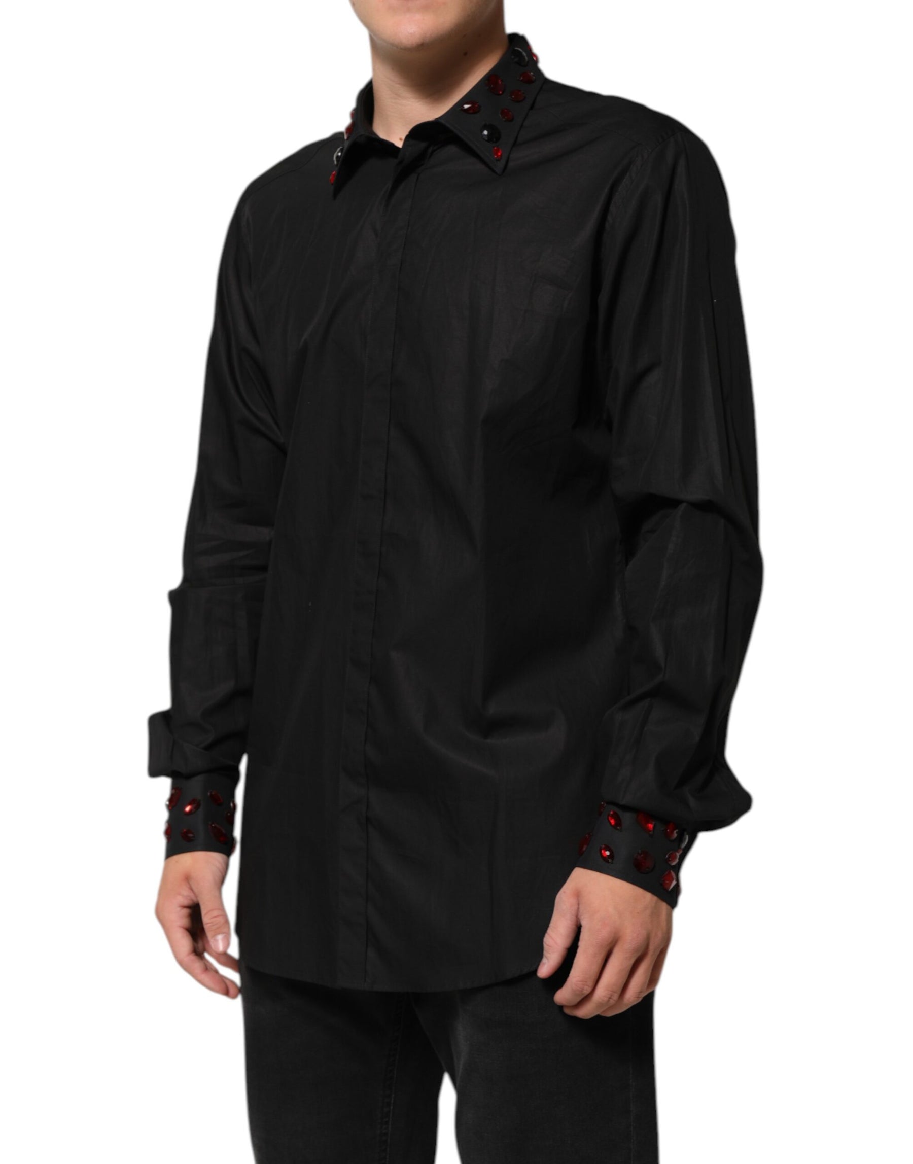 Dolce & Gabbana Black Cotton Embellished Collar Men’s Shirt | Regal Royce