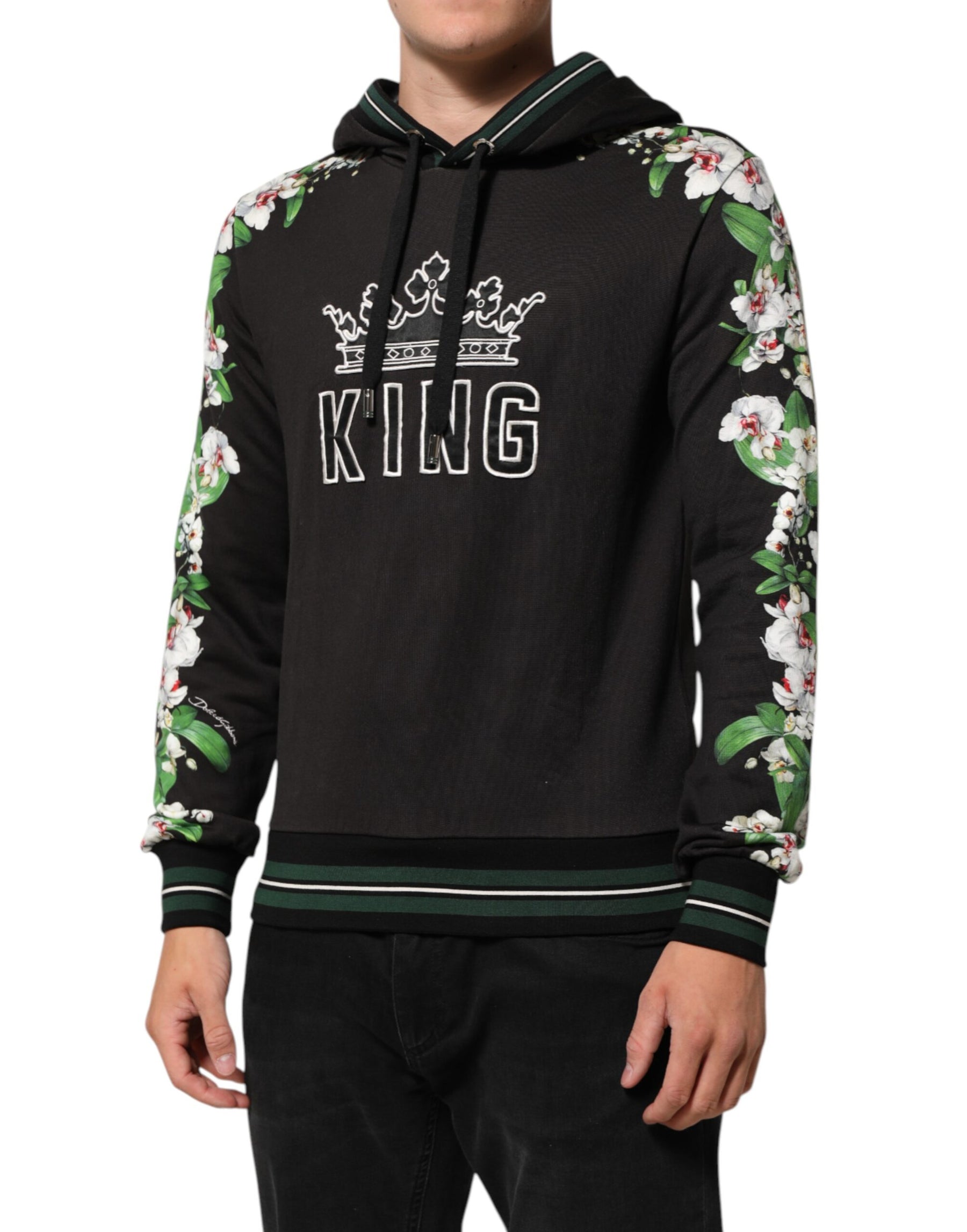 Dolce & Gabbana KING Black Orchid Floral Crown Logo Hoodie Sweater | Regal Royce