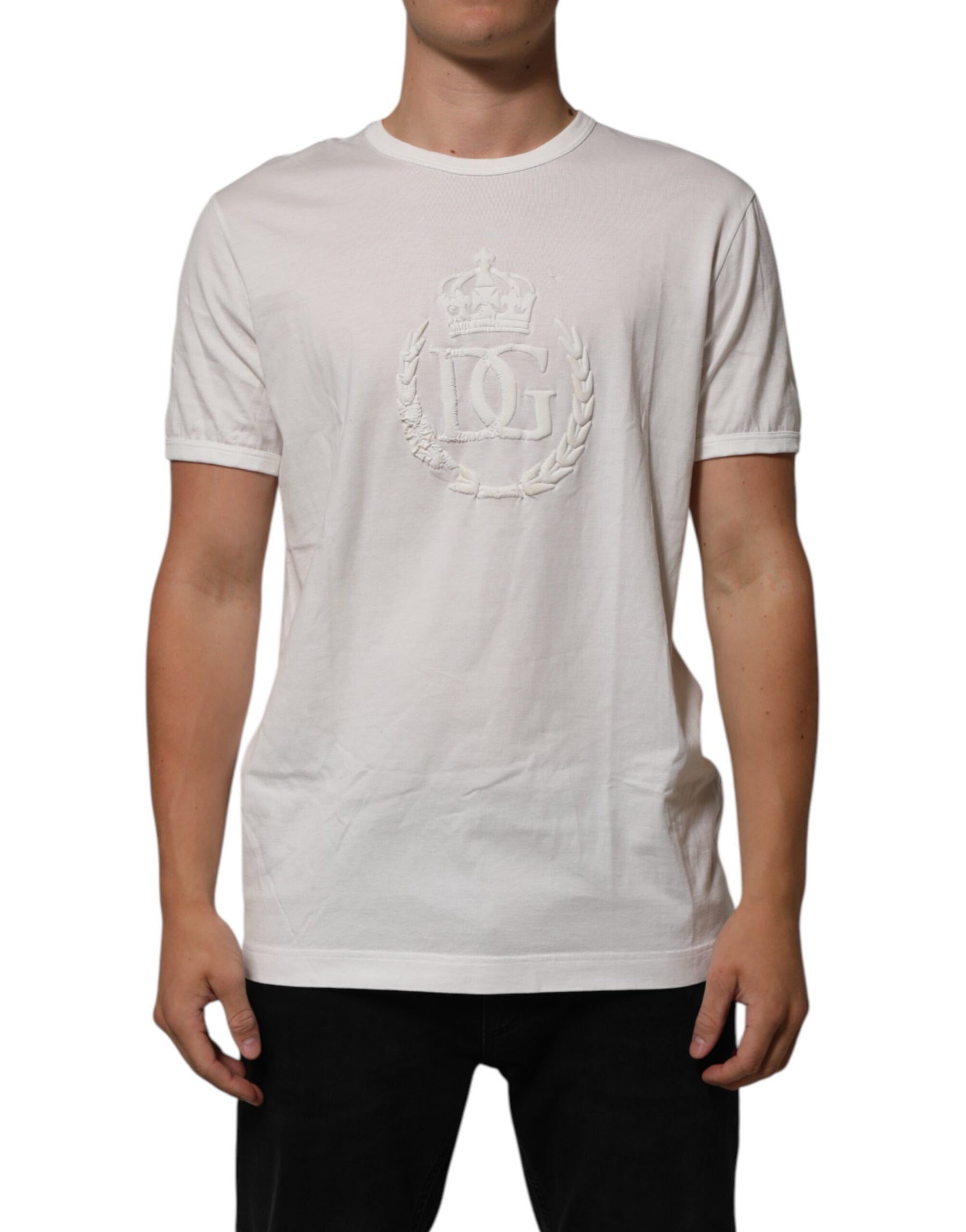 Dolce & Gabbana White Cotton DG Crown Embossed Men T-shirt | Regal Royce