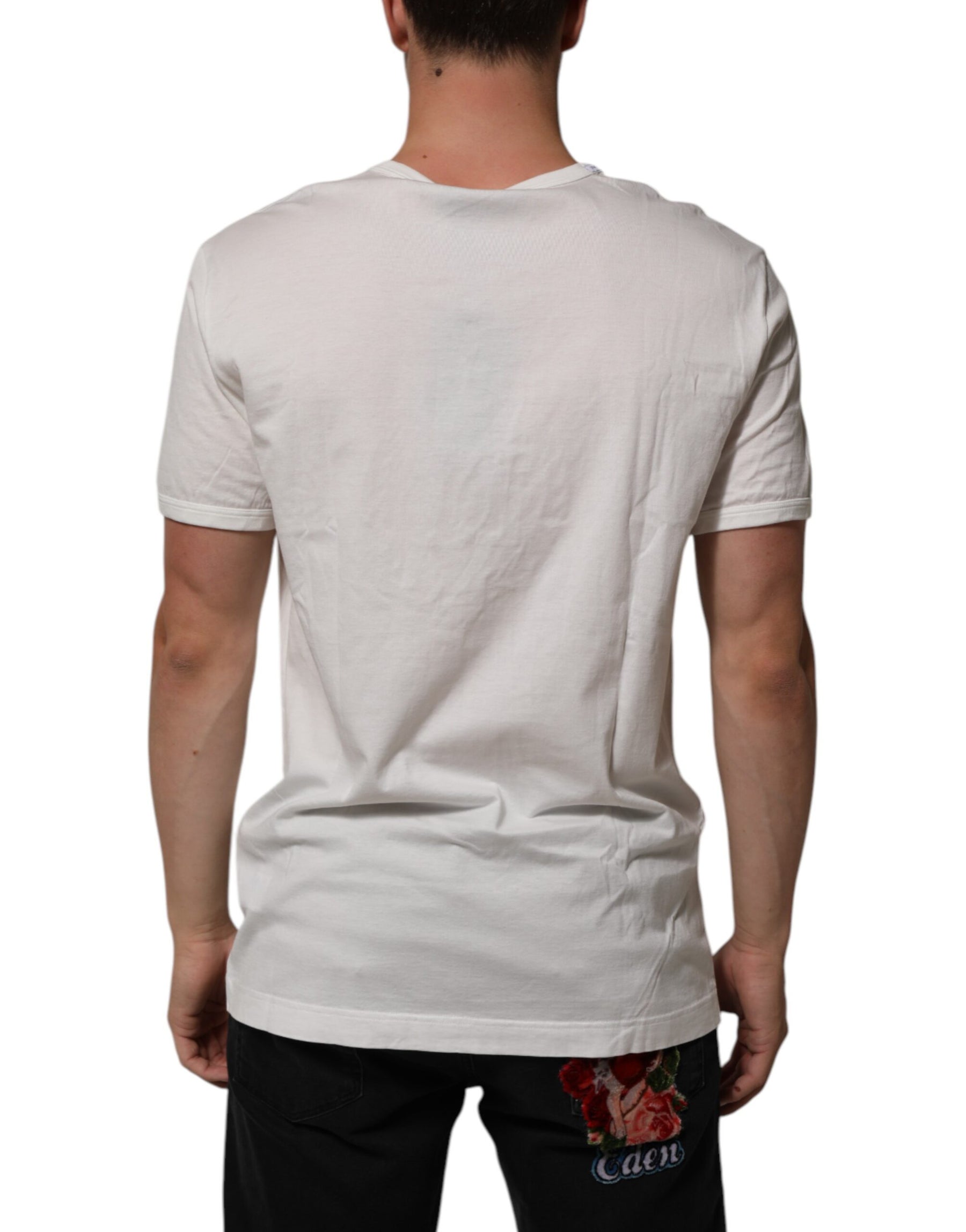 Dolce & Gabbana White Cotton DG Crown Embossed Men T-shirt | Regal Royce