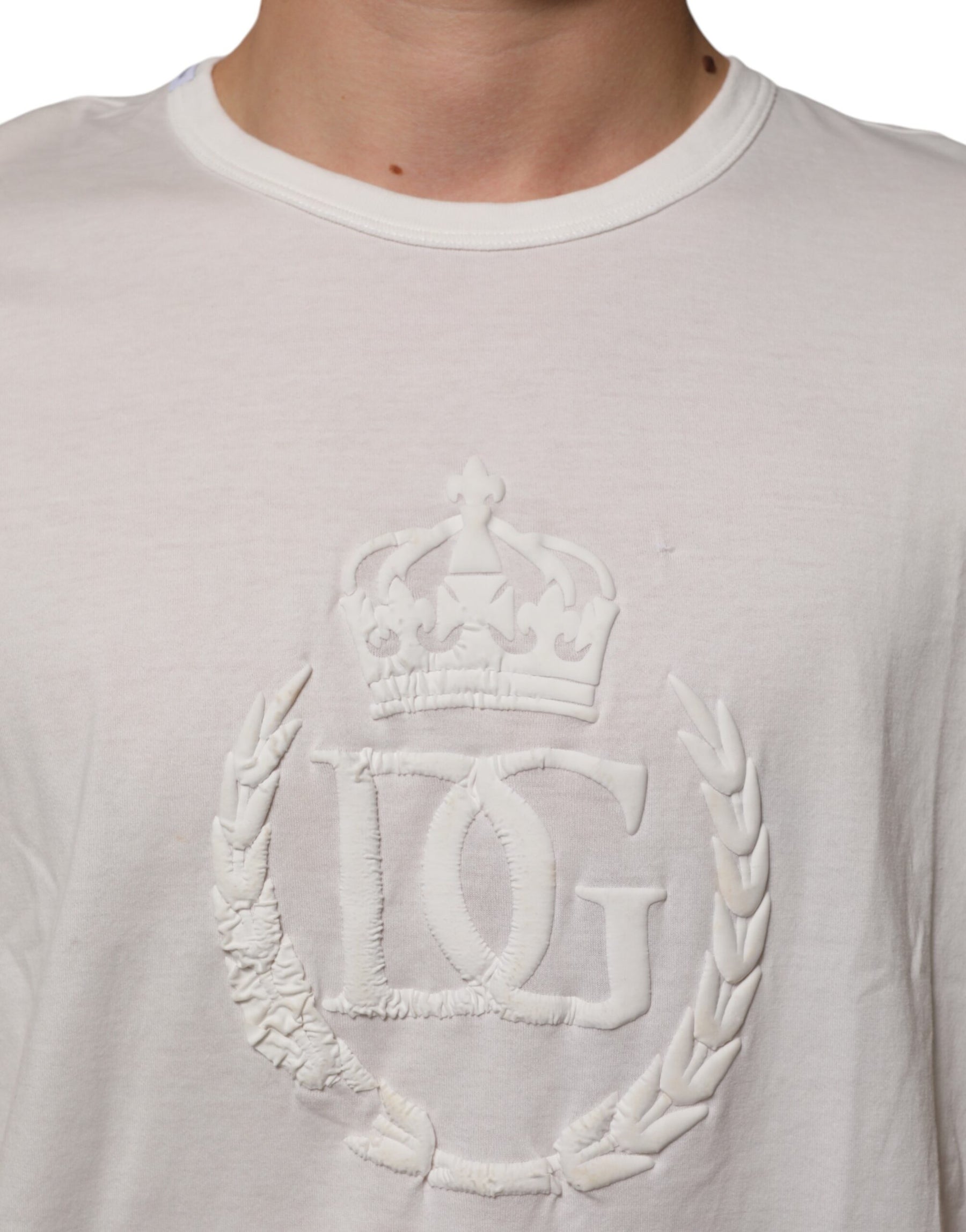 Dolce & Gabbana White Cotton DG Crown Embossed Men T-shirt | Regal Royce