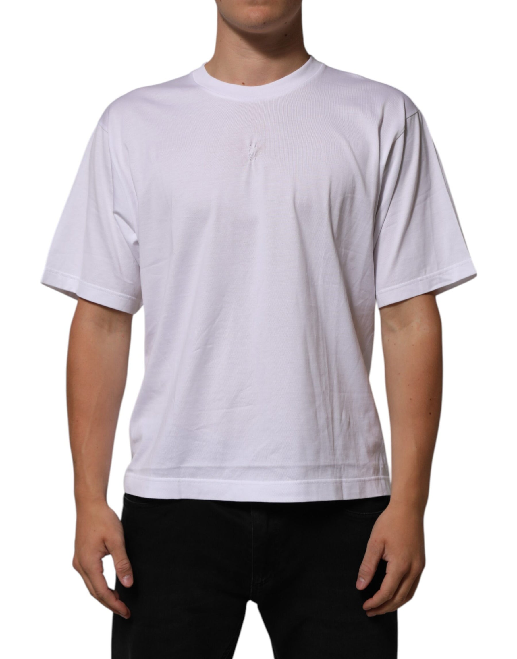 Dolce & Gabbana White Cotton Logo Patch Crew Neck Men T-shirt | Regal Royce