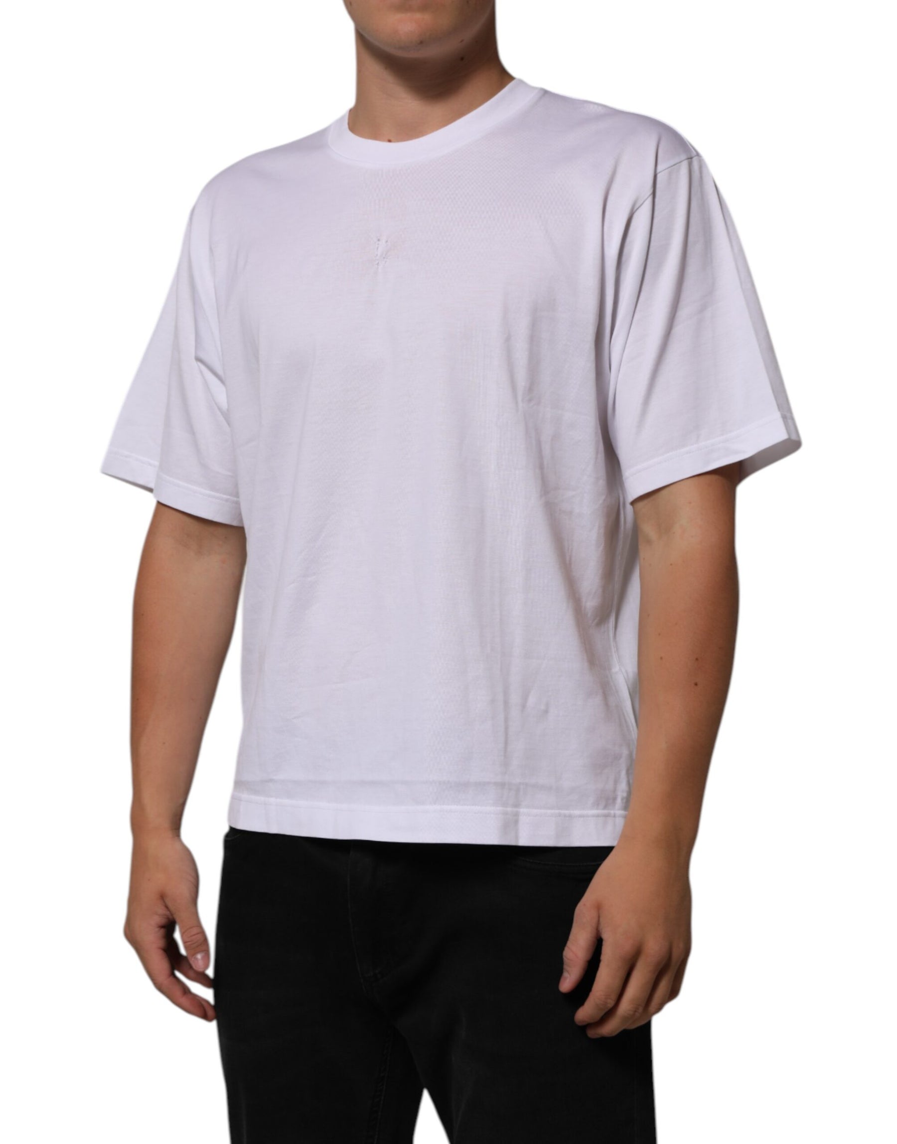 Dolce & Gabbana White Cotton Logo Patch Crew Neck Men T-shirt | Regal Royce