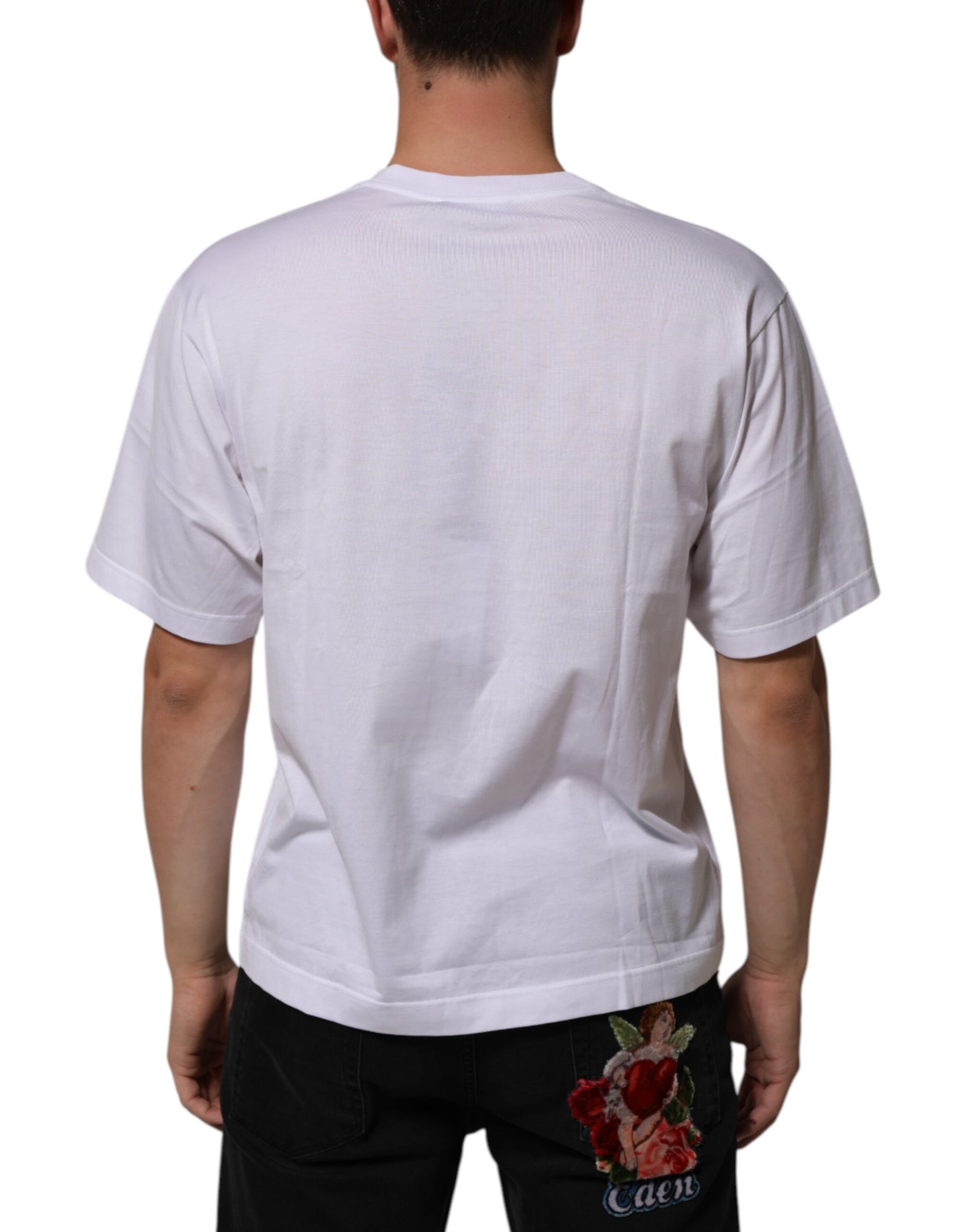Dolce & Gabbana White Cotton Logo Patch Crew Neck Men T-shirt | Regal Royce