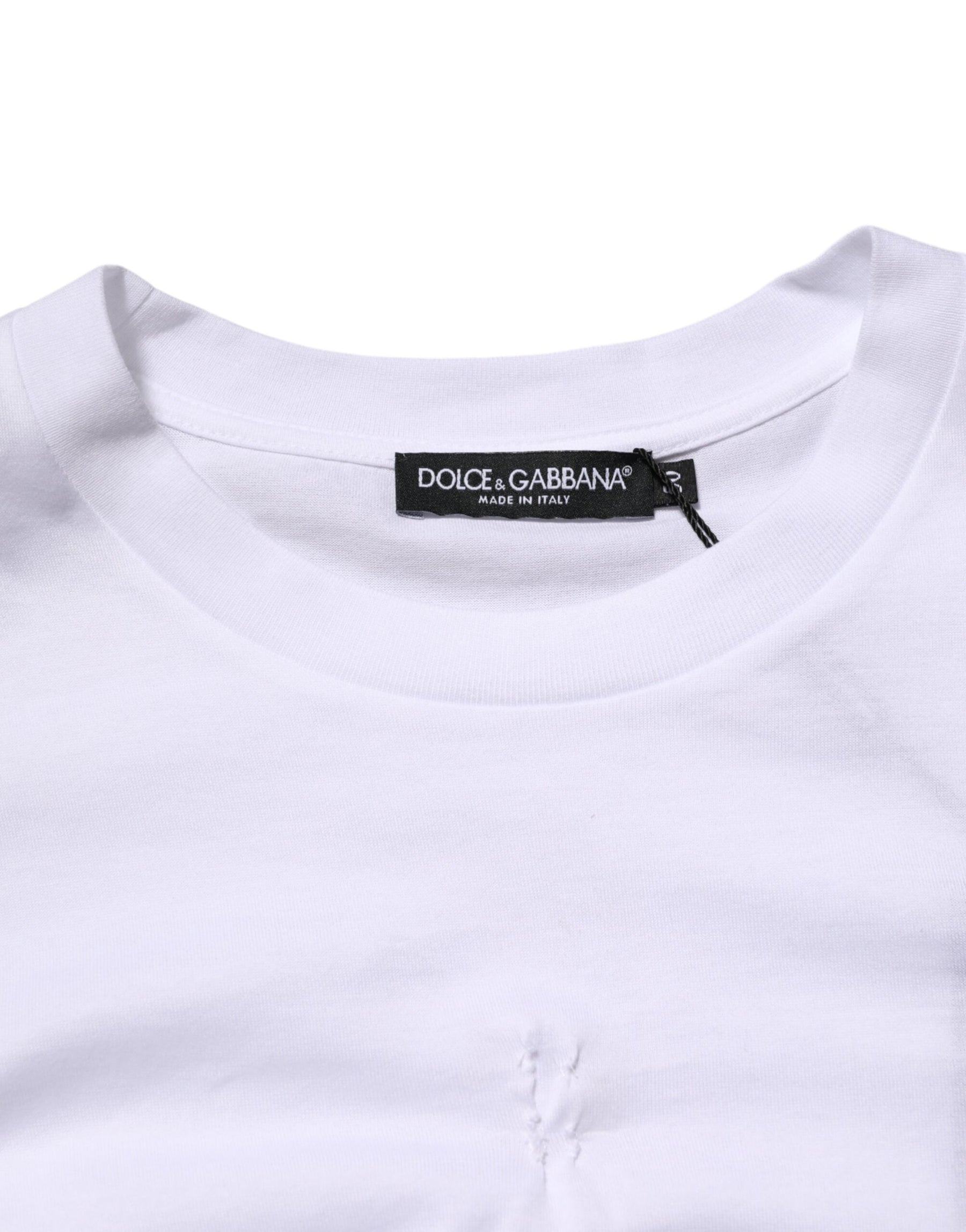 Dolce & Gabbana White Cotton Logo Patch Crew Neck Men T-shirt | Regal Royce