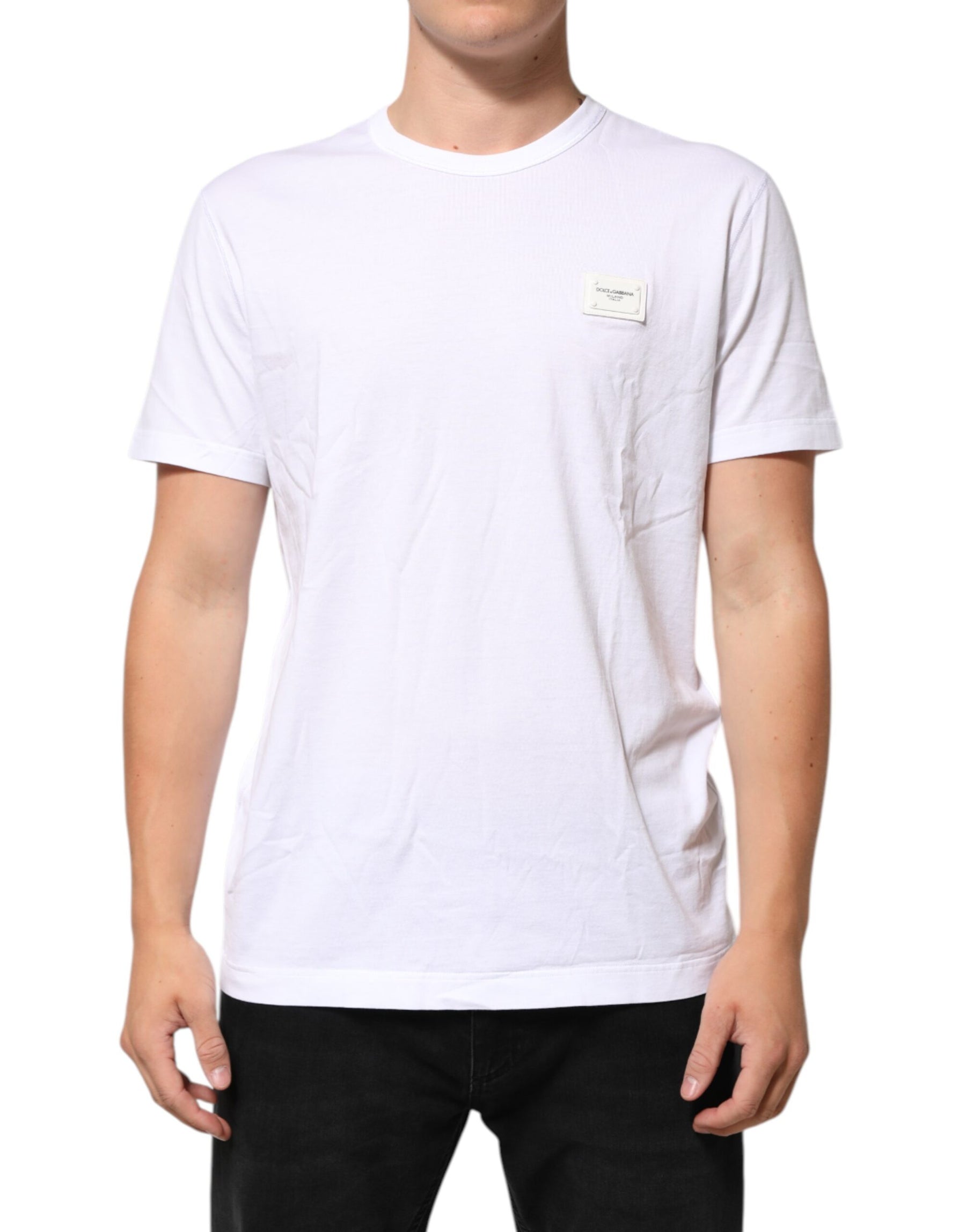 Dolce & Gabbana White Logo Plaque Cotton Crew Neck T-shirt | Regal Royce
