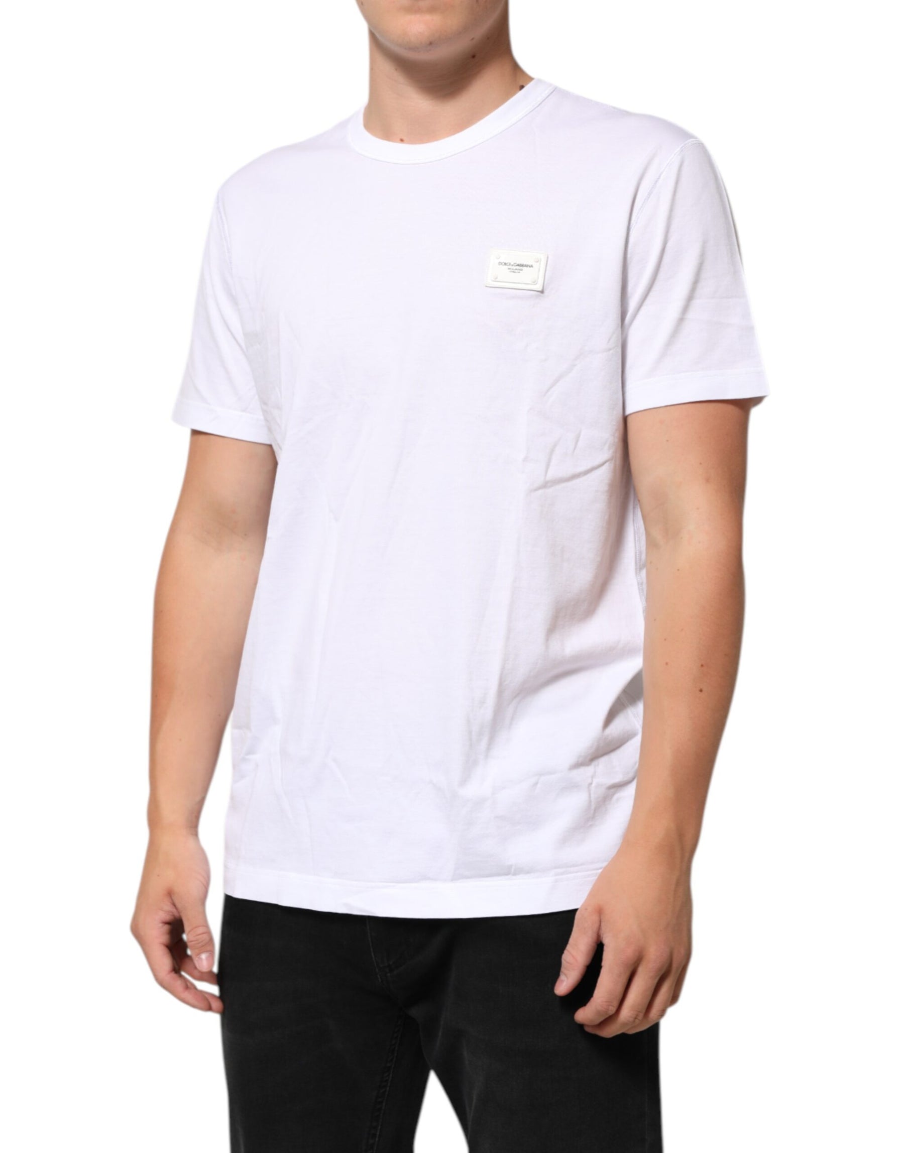 Dolce & Gabbana White Logo Plaque Cotton Crew Neck T-shirt | Regal Royce