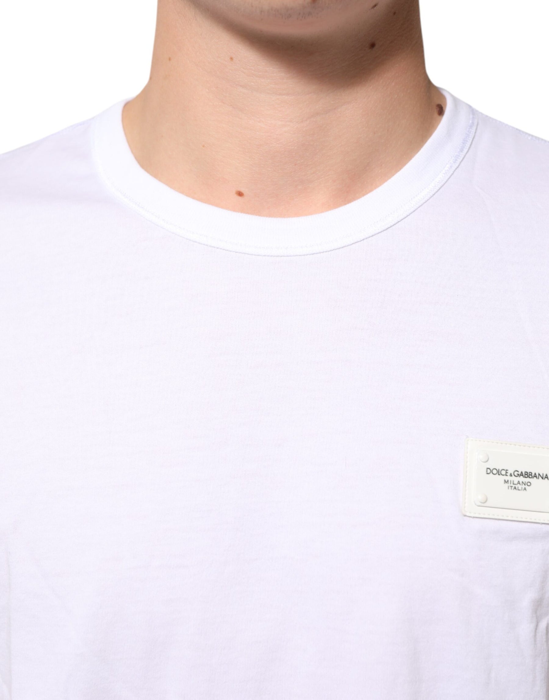 Dolce & Gabbana White Logo Plaque Cotton Crew Neck T-shirt | Regal Royce