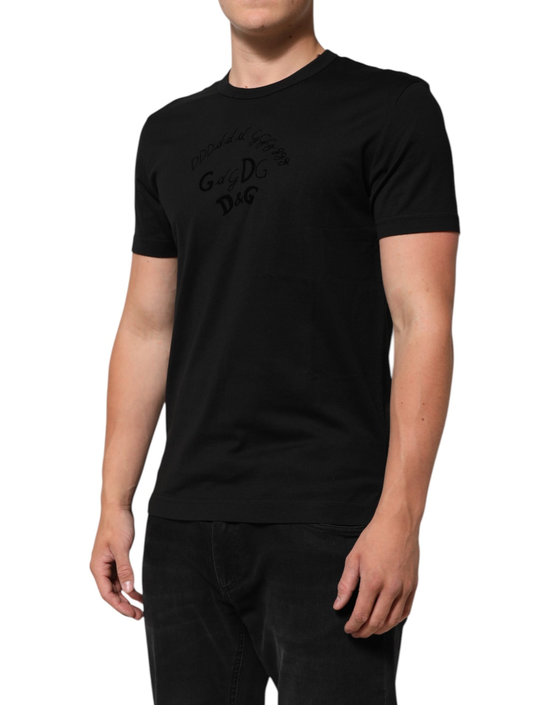 Dolce & Gabbana Black Cotton Velvet Logo Print Men T-shirt | Regal Royce