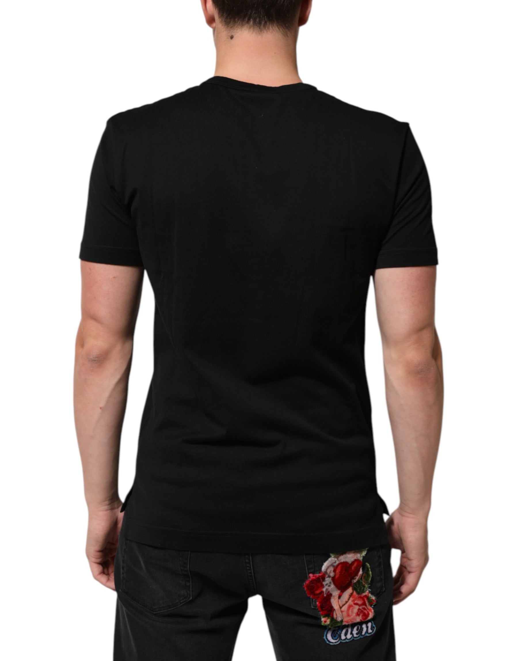 Dolce & Gabbana Black Cotton Velvet Logo Print Men T-shirt | Regal Royce