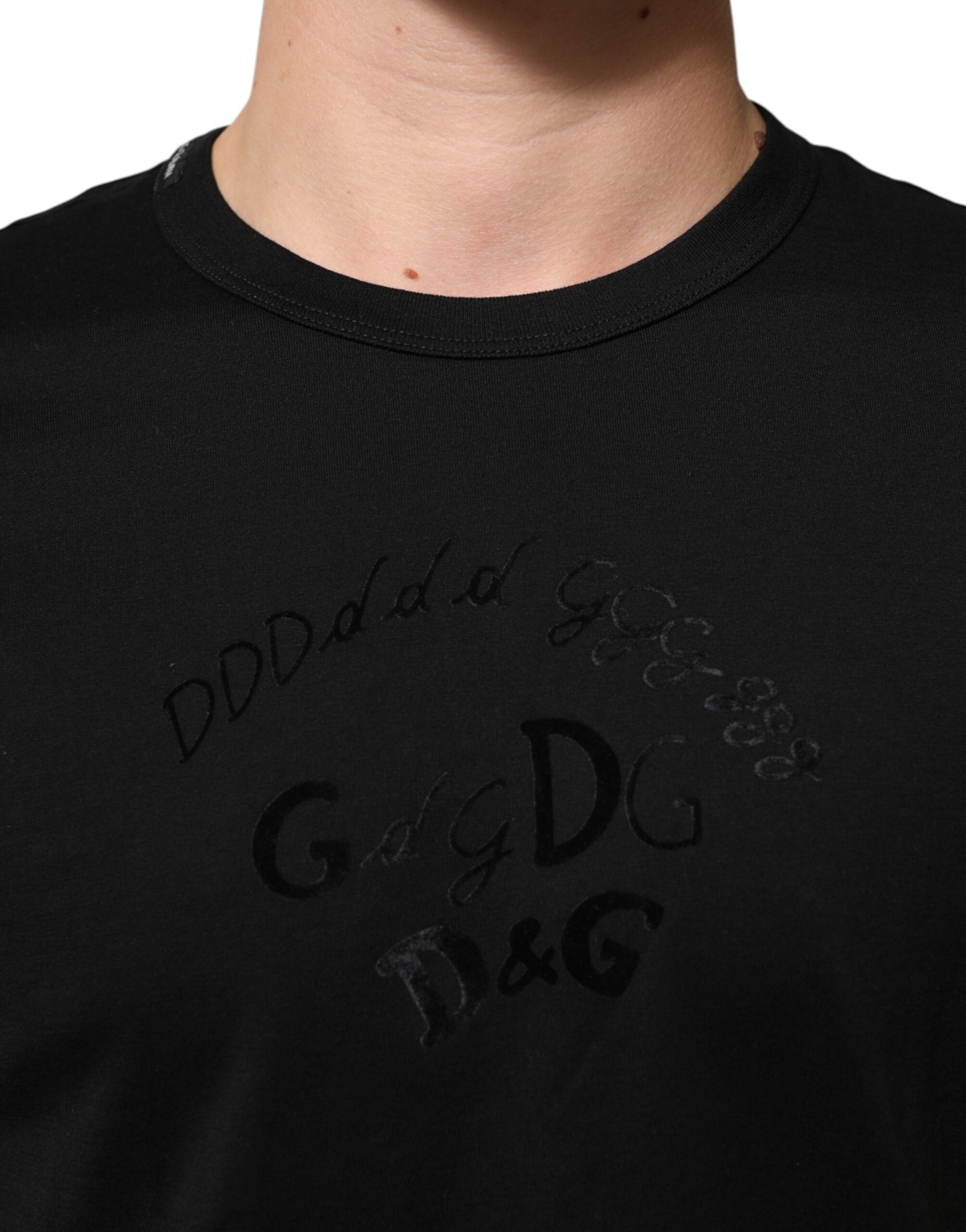 Dolce & Gabbana Black Cotton Velvet Logo Print Men T-shirt | Regal Royce