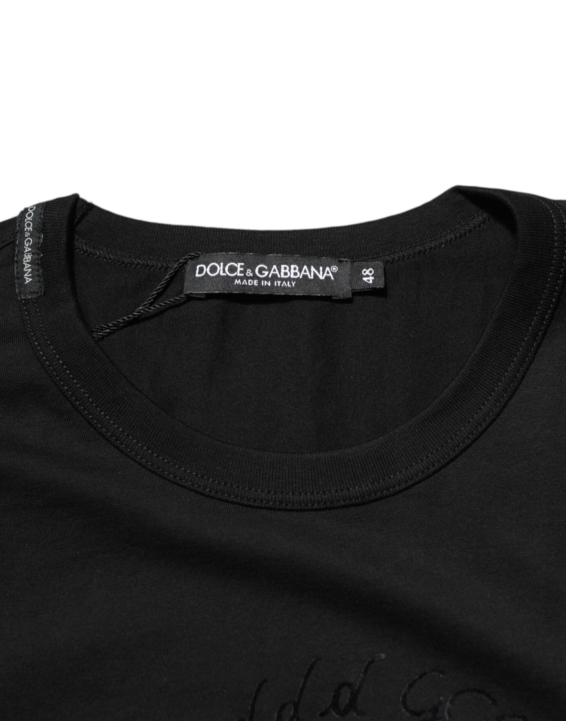 Dolce & Gabbana Black Cotton Velvet Logo Print Men T-shirt | Regal Royce