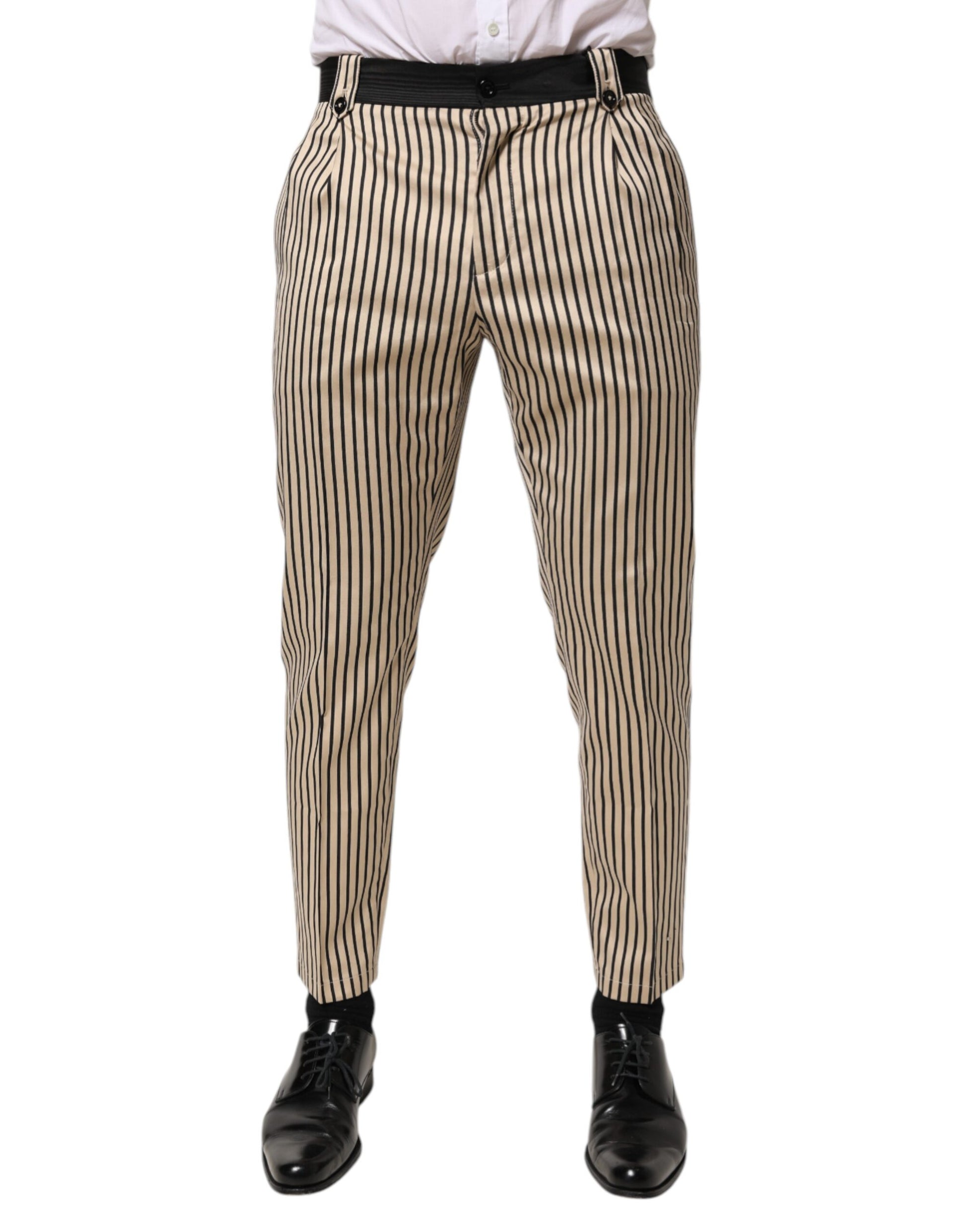Dolce & Gabbana Beige Black Striped Cotton Slim Fit Trousers Pants