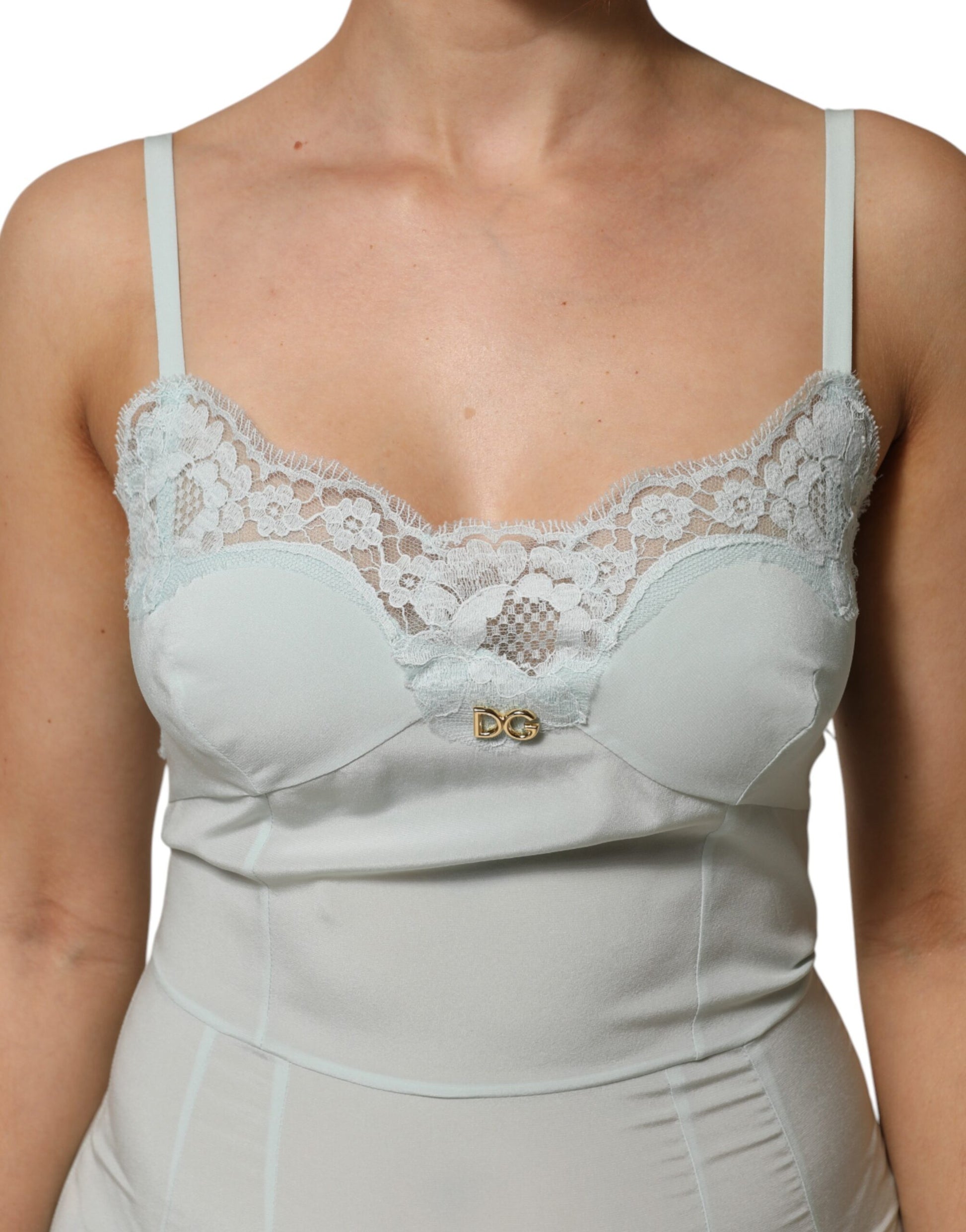 Dolce & Gabbana Light Blue Silk Lace Midi Bodycon Slip Dress
