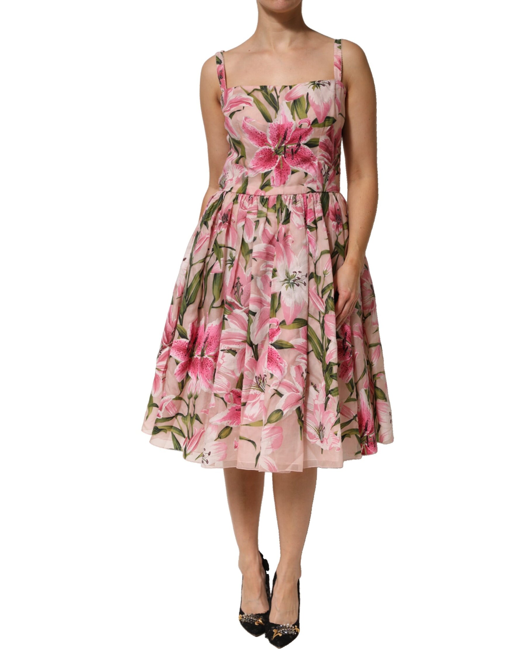 Dolce & Gabbana Pink Floral Lily Print Midi Sleeveless Dress | Regal Royce