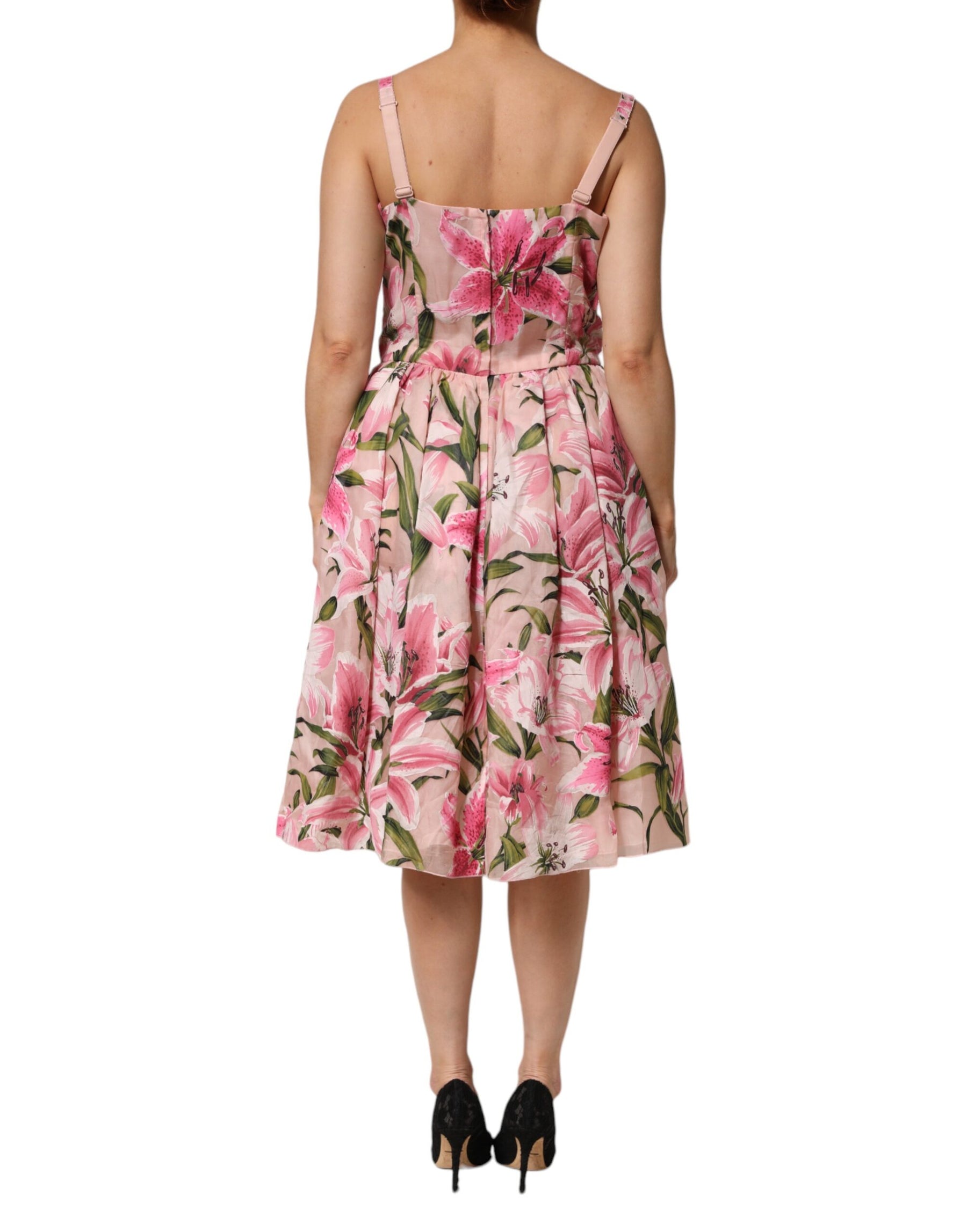 Dolce & Gabbana Pink Floral Lily Print Midi Sleeveless Dress | Regal Royce