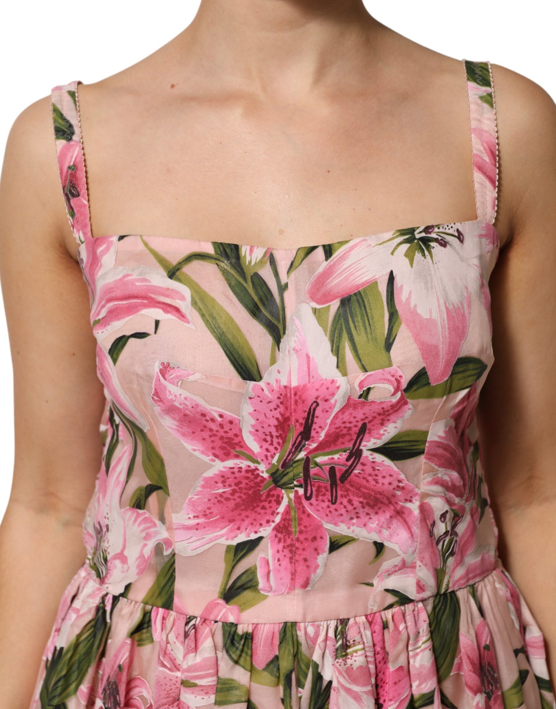 Dolce & Gabbana Pink Floral Lily Print Midi Sleeveless Dress | Regal Royce