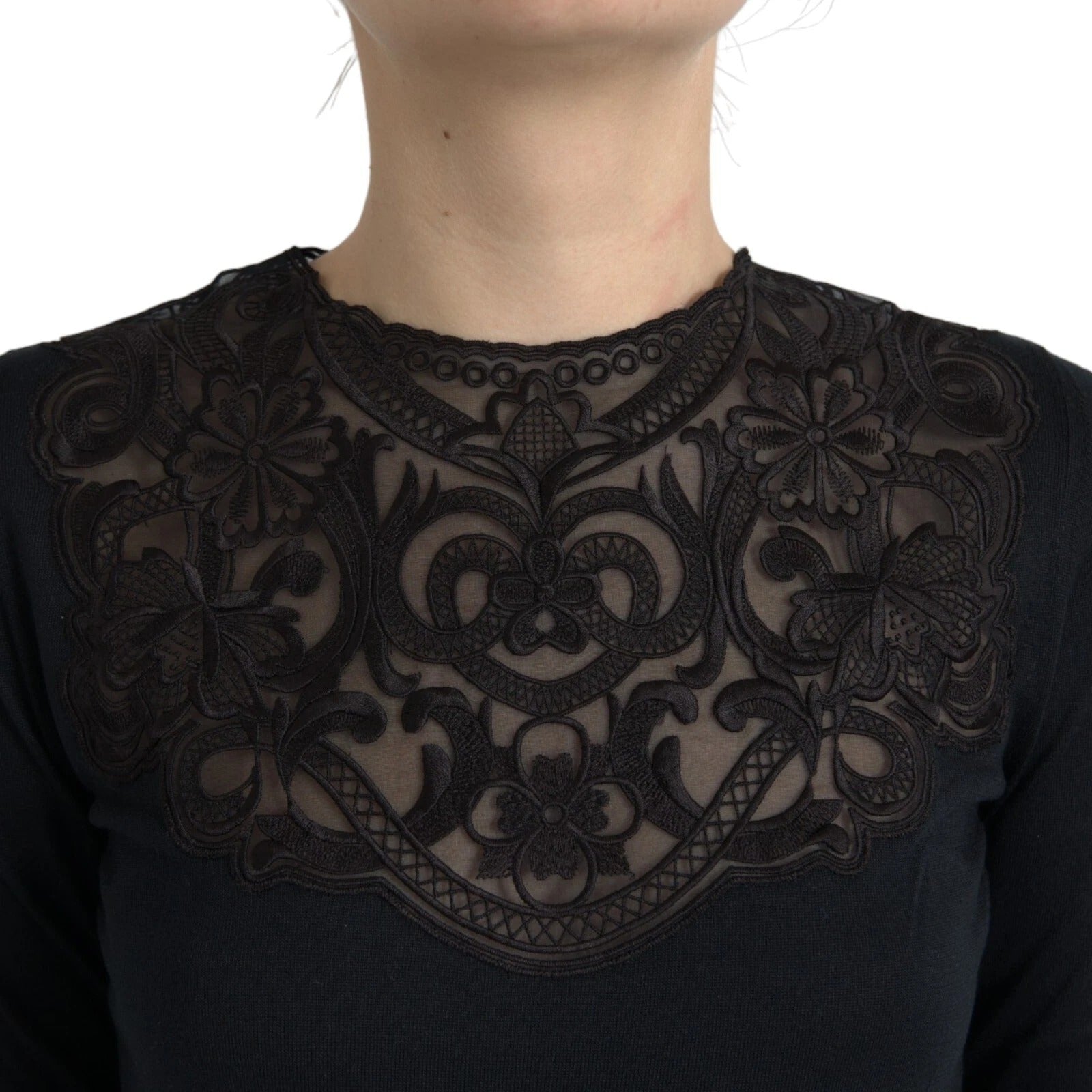 Dolce & Gabbana Black Silk Lace Trim Long Sleeves Blouse Top | Regal Royce