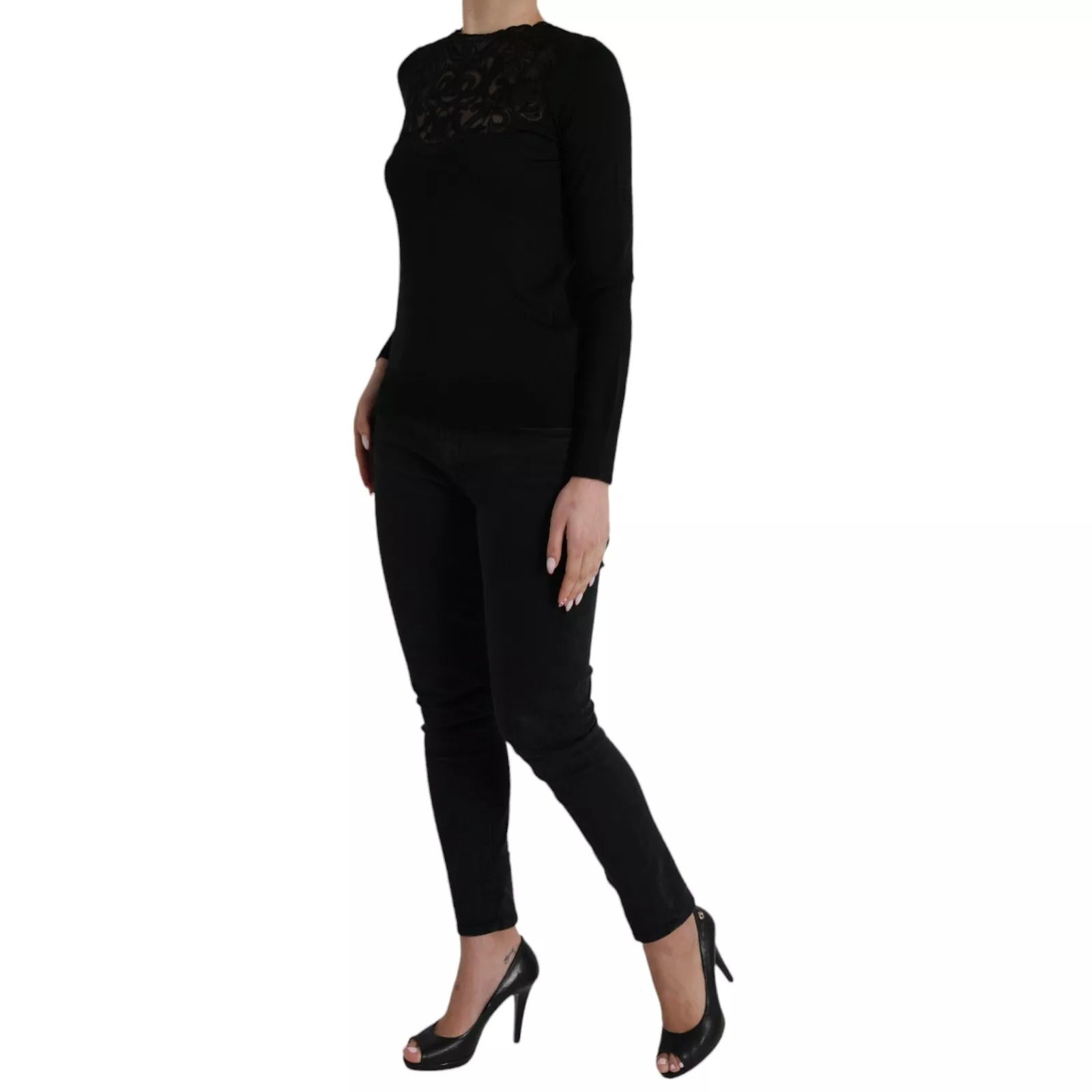 Dolce & Gabbana Black Silk Lace Trim Long Sleeves Blouse Top | Regal Royce