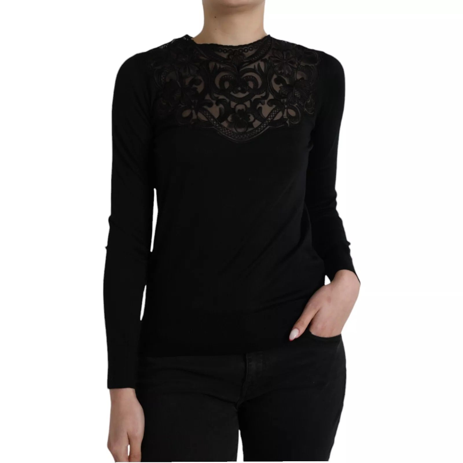 Dolce & Gabbana Black Silk Lace Trim Long Sleeves Blouse Top | Regal Royce