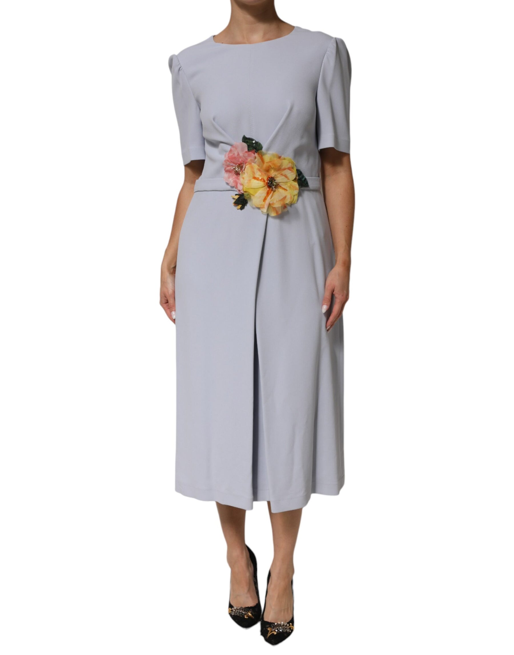 Dolce & Gabbana Light Blue Viscose Blend Floral Applique Dress | Regal Royce