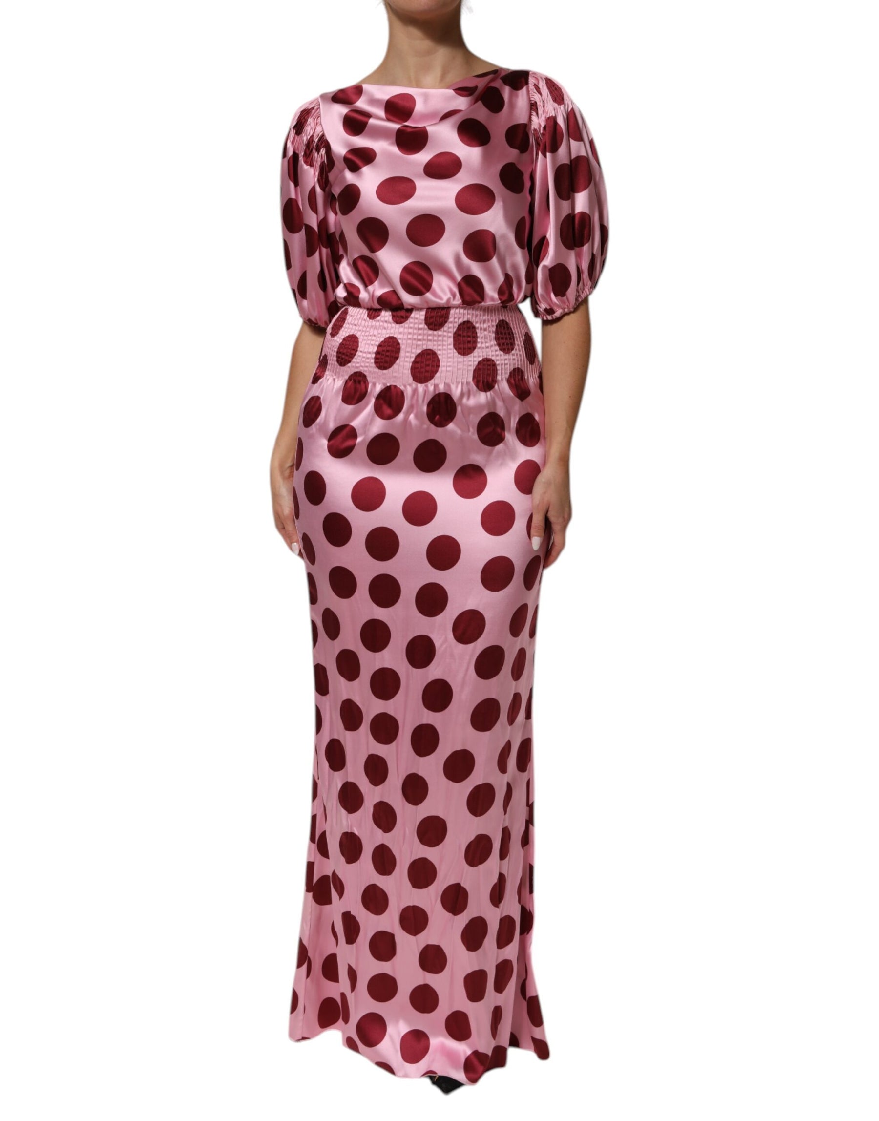 Dolce & Gabbana Pink Red Polka Dot Silk Satin Maxi Gown Dress | Regal Royce