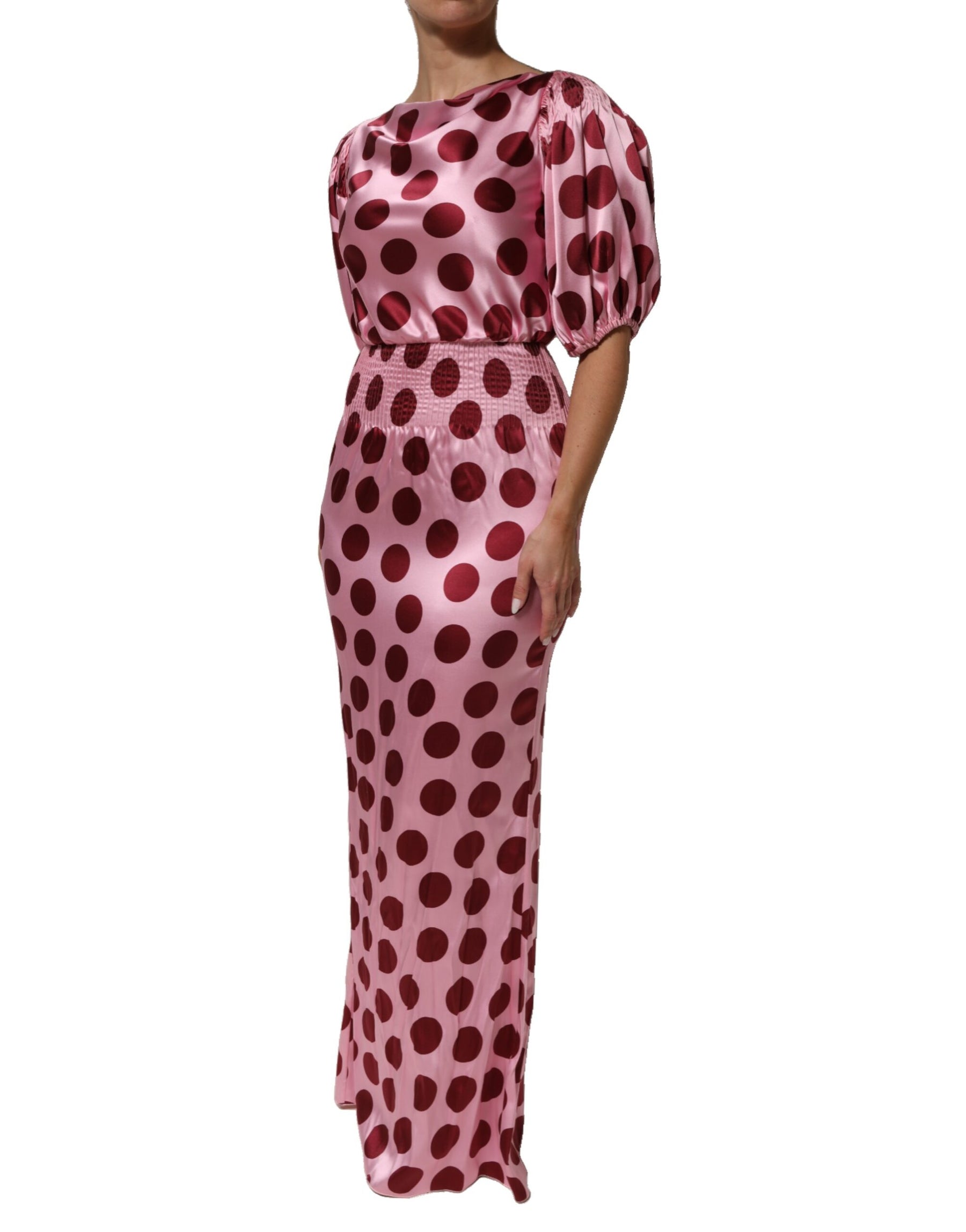 Dolce & Gabbana Pink Red Polka Dot Silk Satin Maxi Gown Dress | Regal Royce