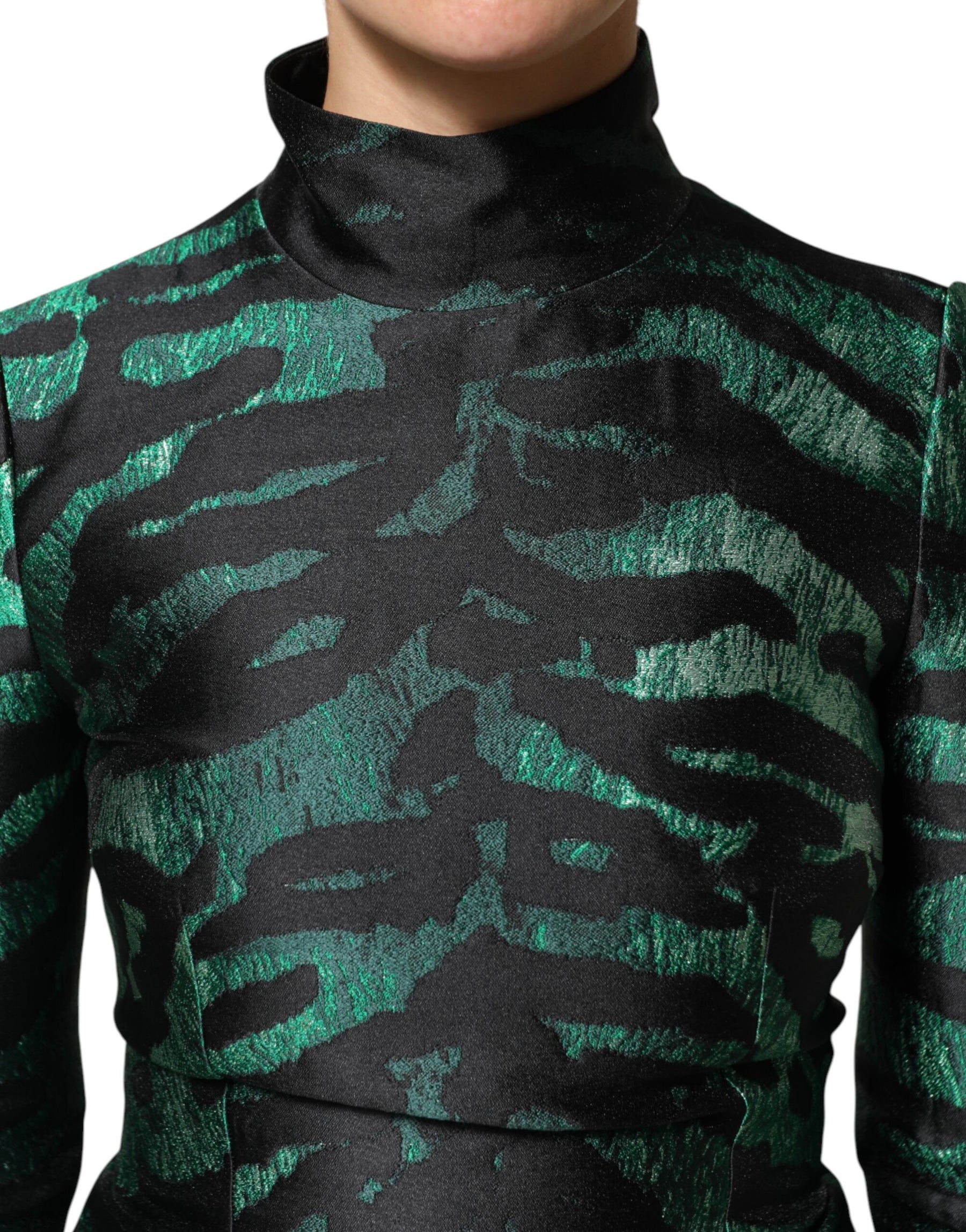 Dolce & Gabbana Black Green Metallic Jacquard Mini Long Dress | Regal Royce