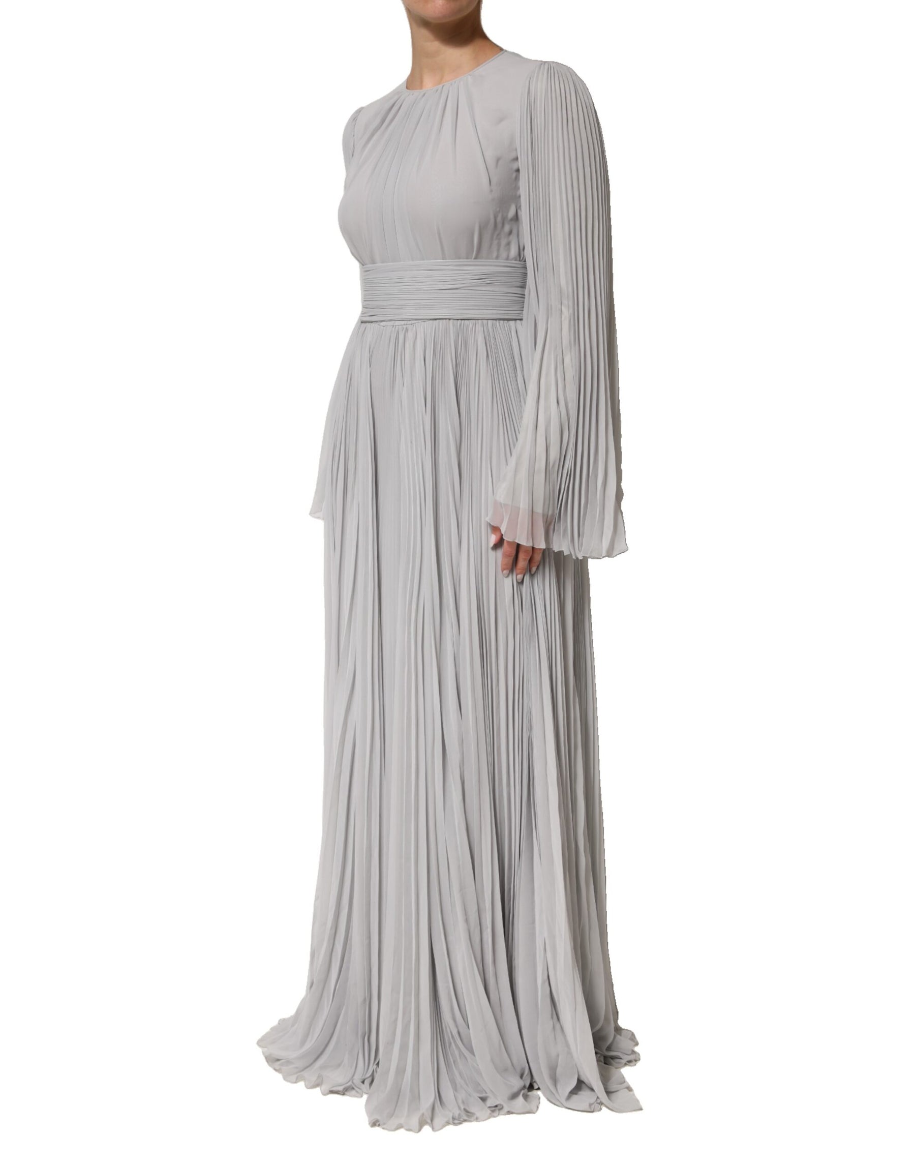 Dolce & Gabbana Grey Pleated Maxi Long Sleeve Silk Blend Gown Dress | Regal Royce