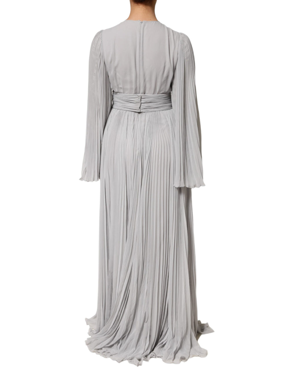 Dolce & Gabbana Grey Pleated Maxi Long Sleeve Silk Blend Gown Dress
