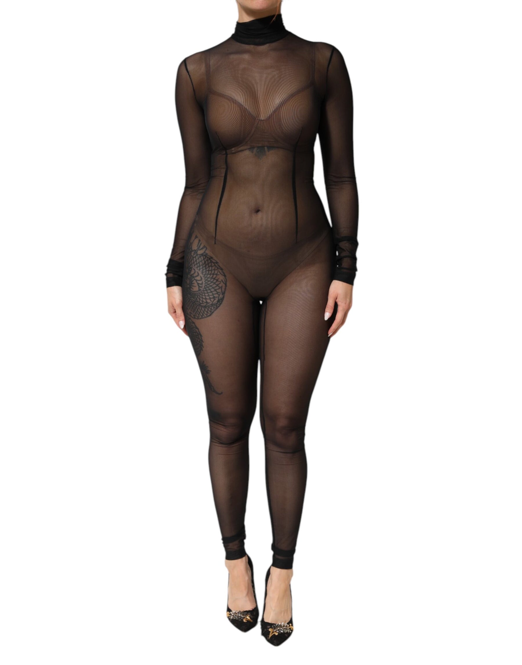 Dolce & Gabbana Black Sheer Mesh Long Sleeve Jumpsuit Bodysuit Dress | Regal Royce