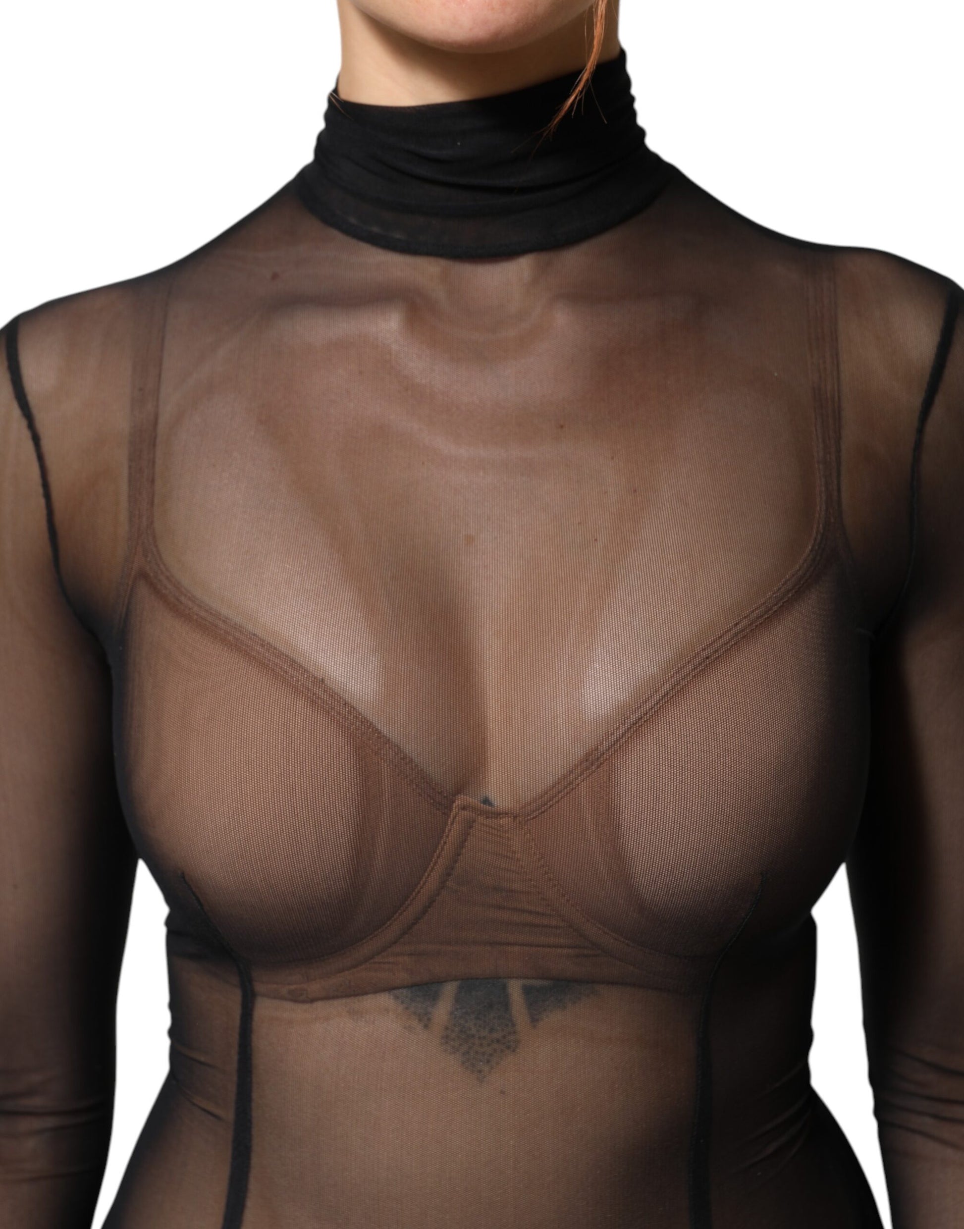 Dolce & Gabbana Black Sheer Mesh Long Sleeve Jumpsuit Bodysuit Dress