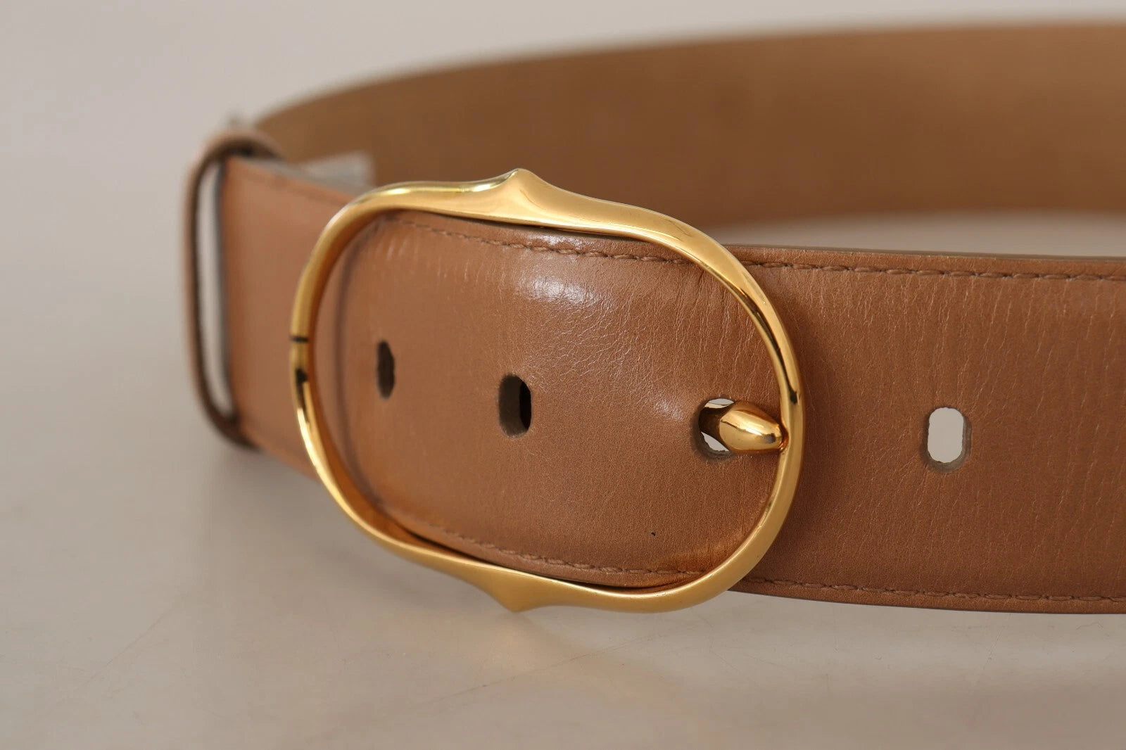 Costume National Brown Leather Gold Metal Oval Buckle Belt | Regal Royce