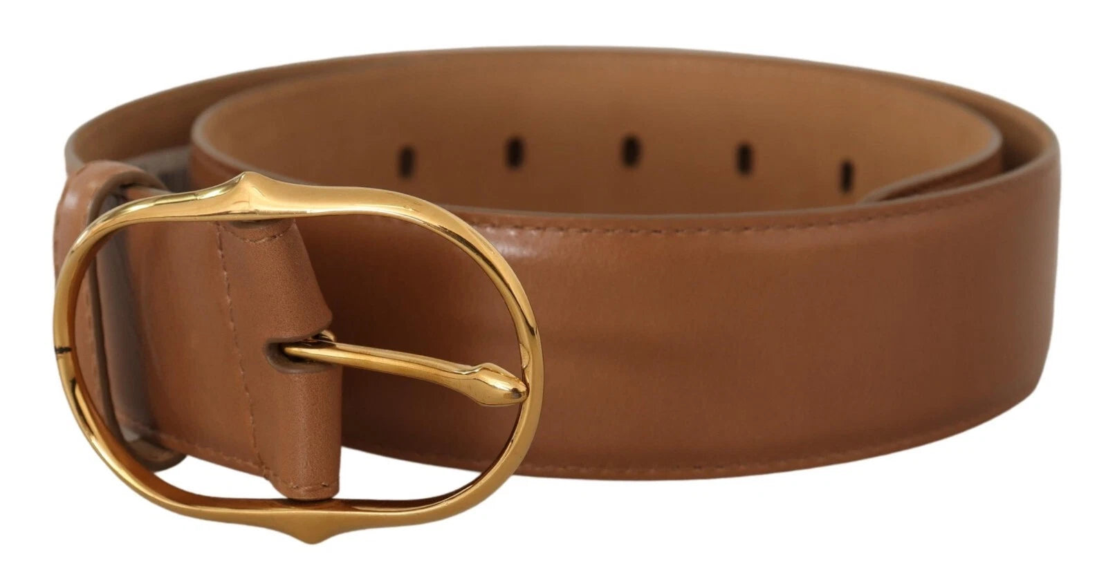 Costume National Brown Leather Gold Metal Oval Buckle Belt | Regal Royce