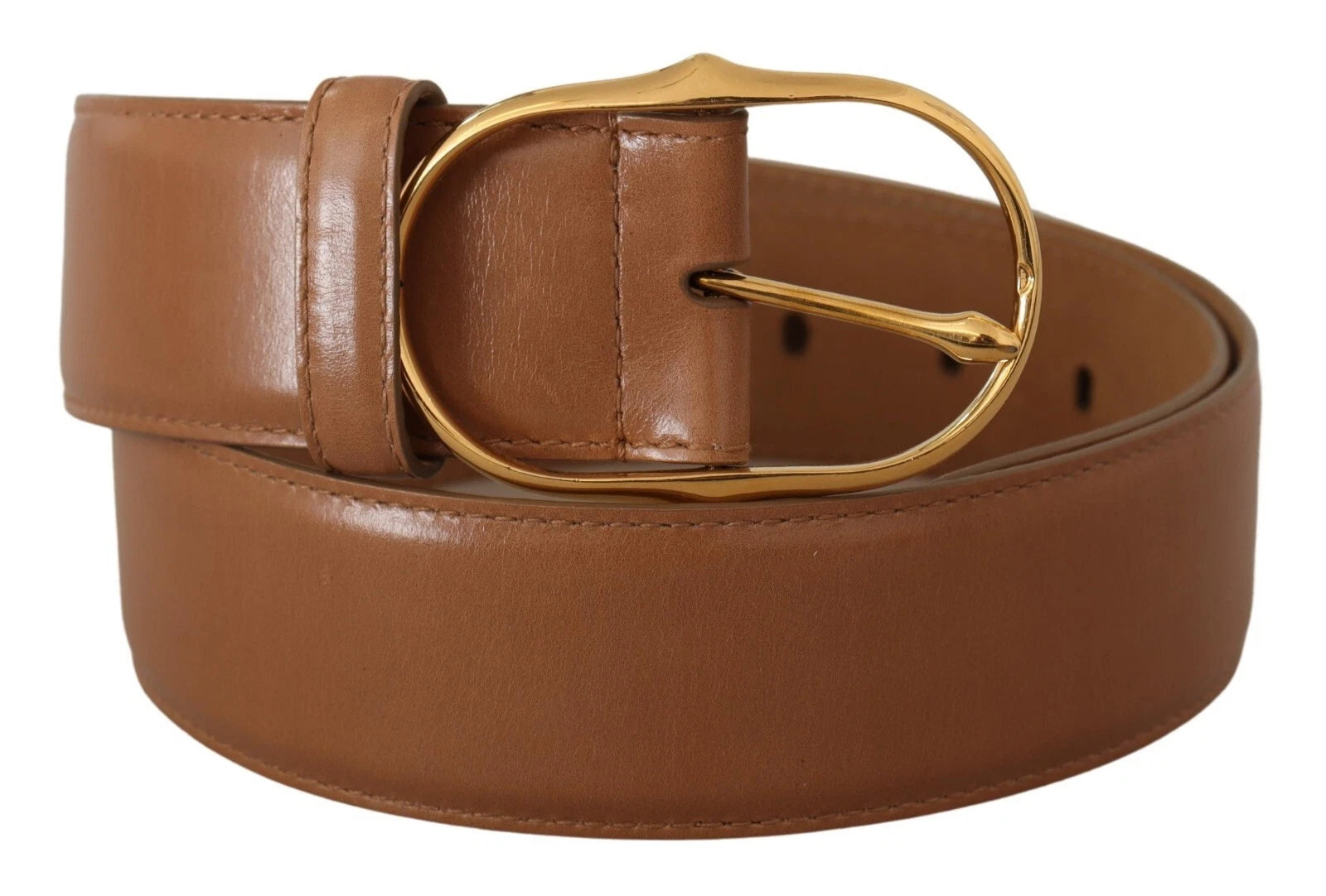 Costume National Brown Leather Gold Metal Oval Buckle Belt | Regal Royce