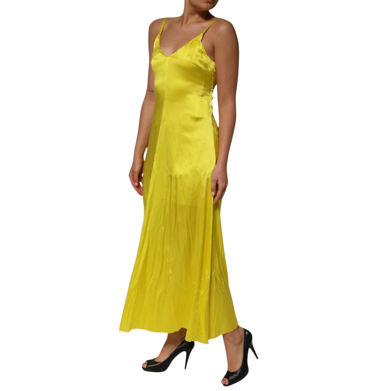 Tonello Yellow Silk Satin Slip Maxi Spaghetti Strap Maxi Dress | Regal Royce