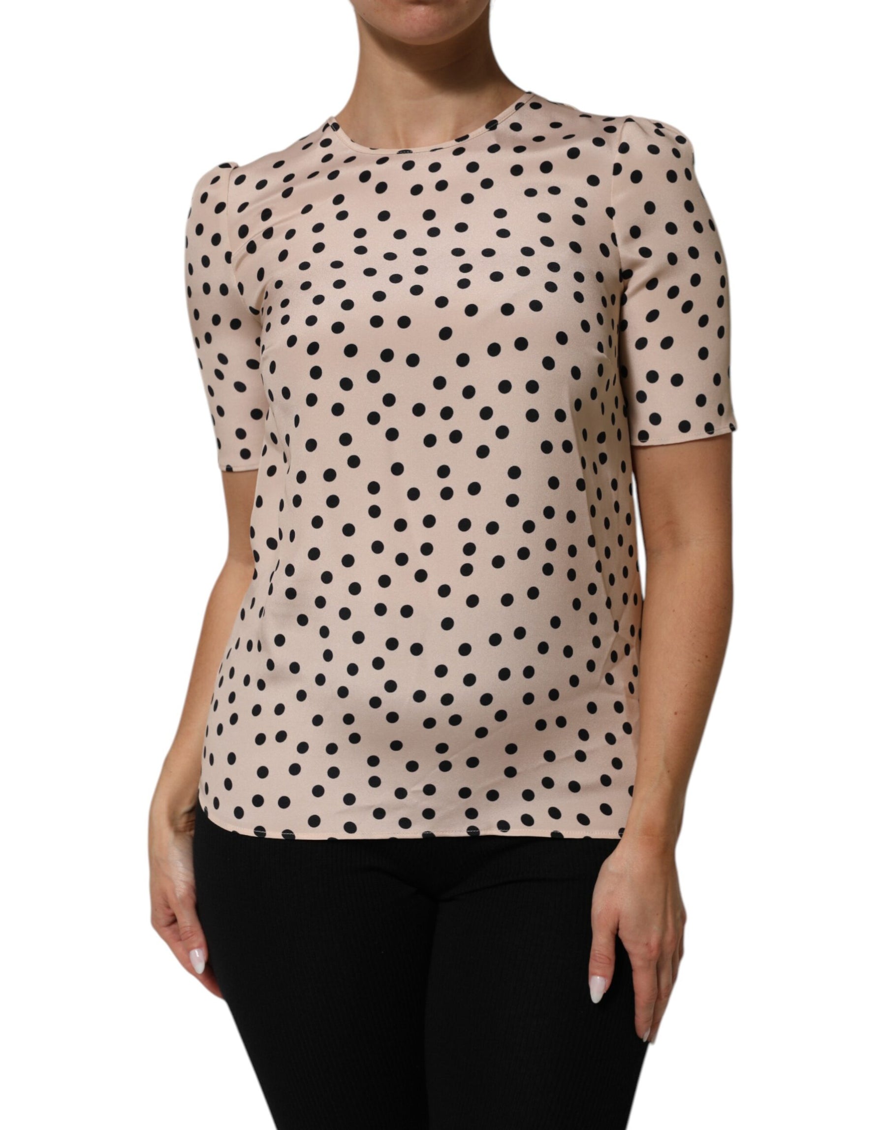 Dolce & Gabbana Beige Black Polka Dot Silk Short Sleeve Blouse Top | Regal Royce