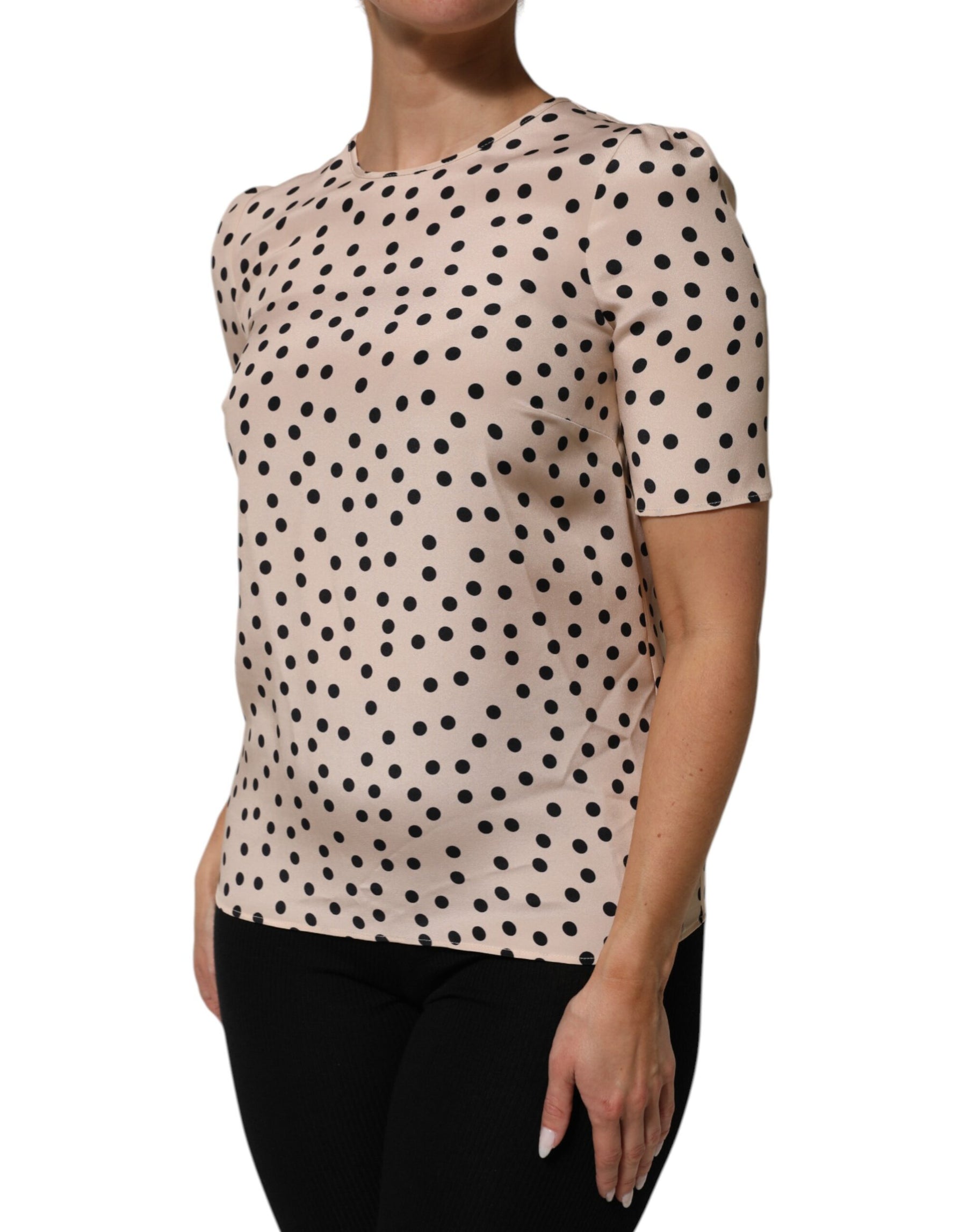 Dolce & Gabbana Beige Black Polka Dot Silk Short Sleeve Blouse Top | Regal Royce