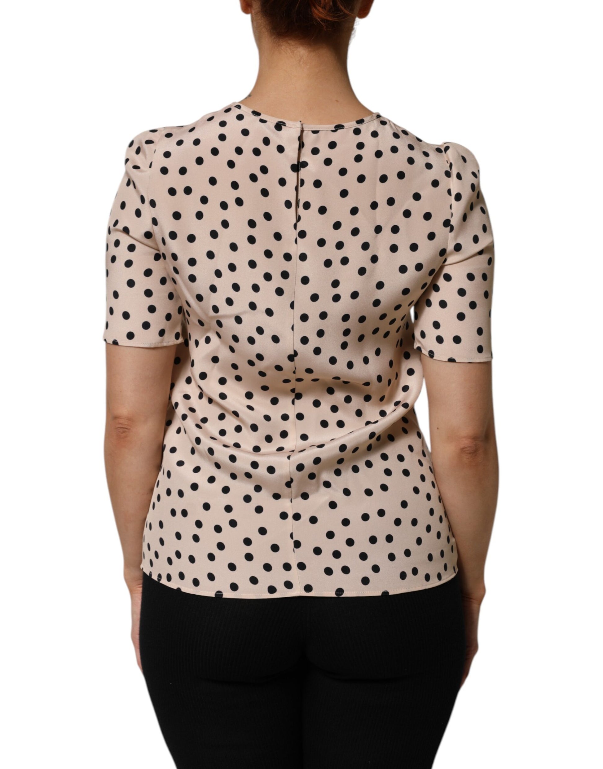 Dolce & Gabbana Beige Black Polka Dot Silk Short Sleeve Blouse Top