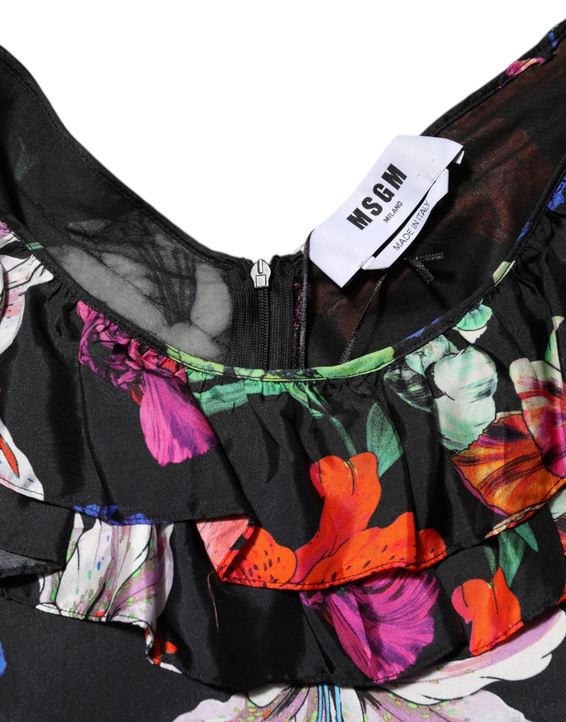 MSGM Dress Black Multicolor Floral Ruffle Long Sleeve Mini Dress | Regal Royce