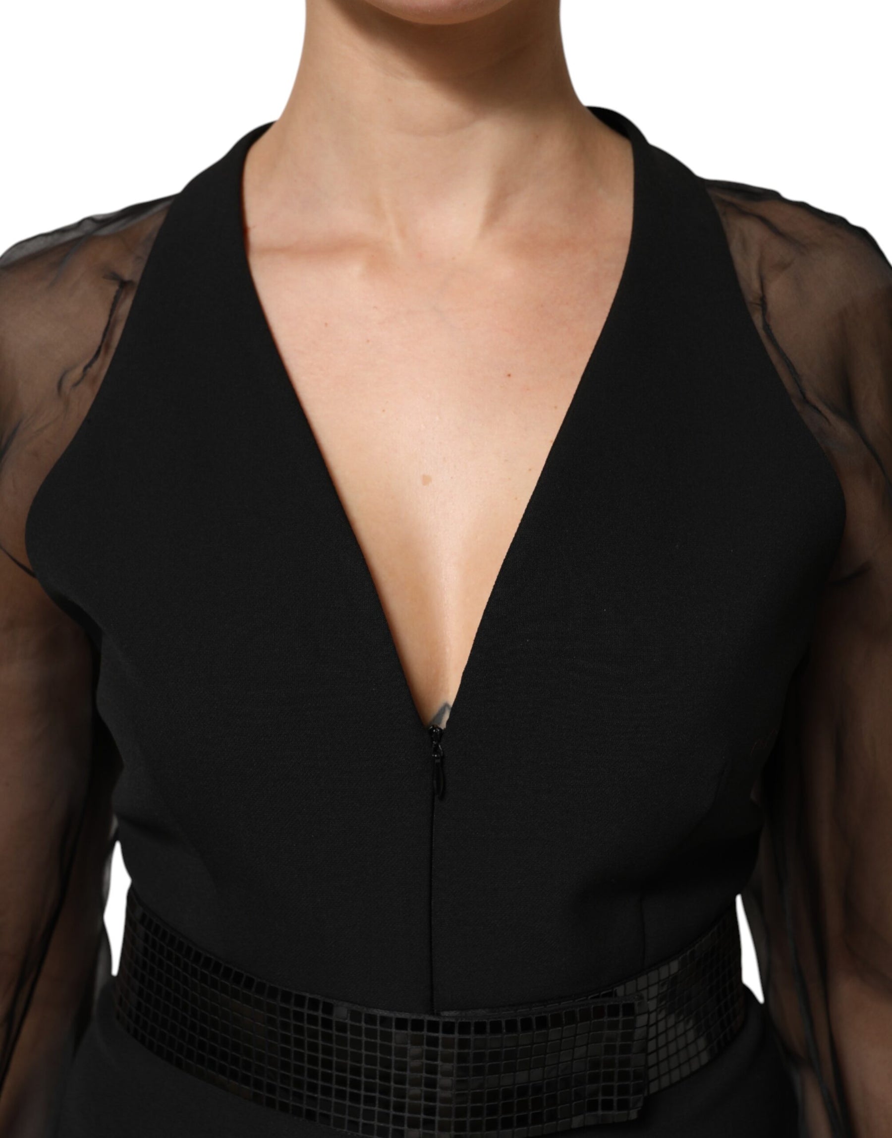 Emporio Armani Black Sheer Sleeve Belted V-Neck Mini Dress | Regal Royce