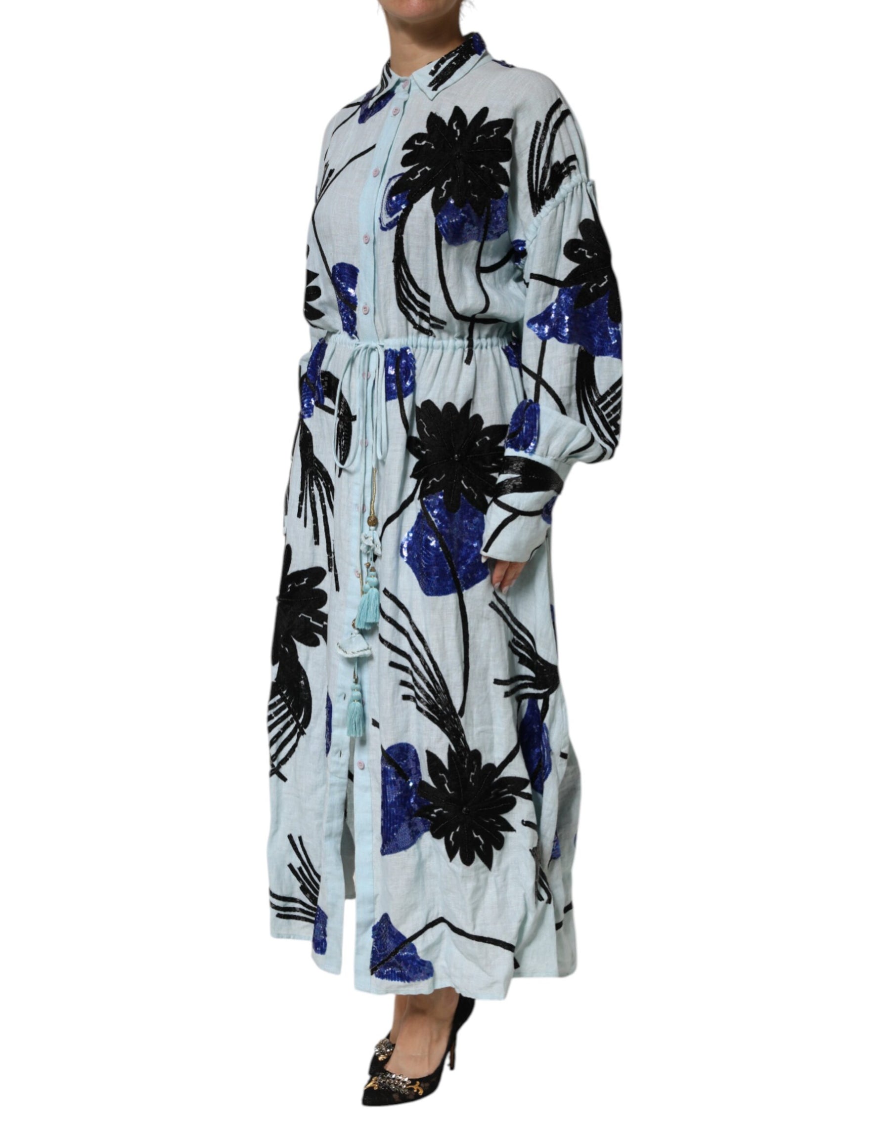 Christian Pellizzari Blue Sequin Embellished Shirt Maxi Dress | Regal Royce