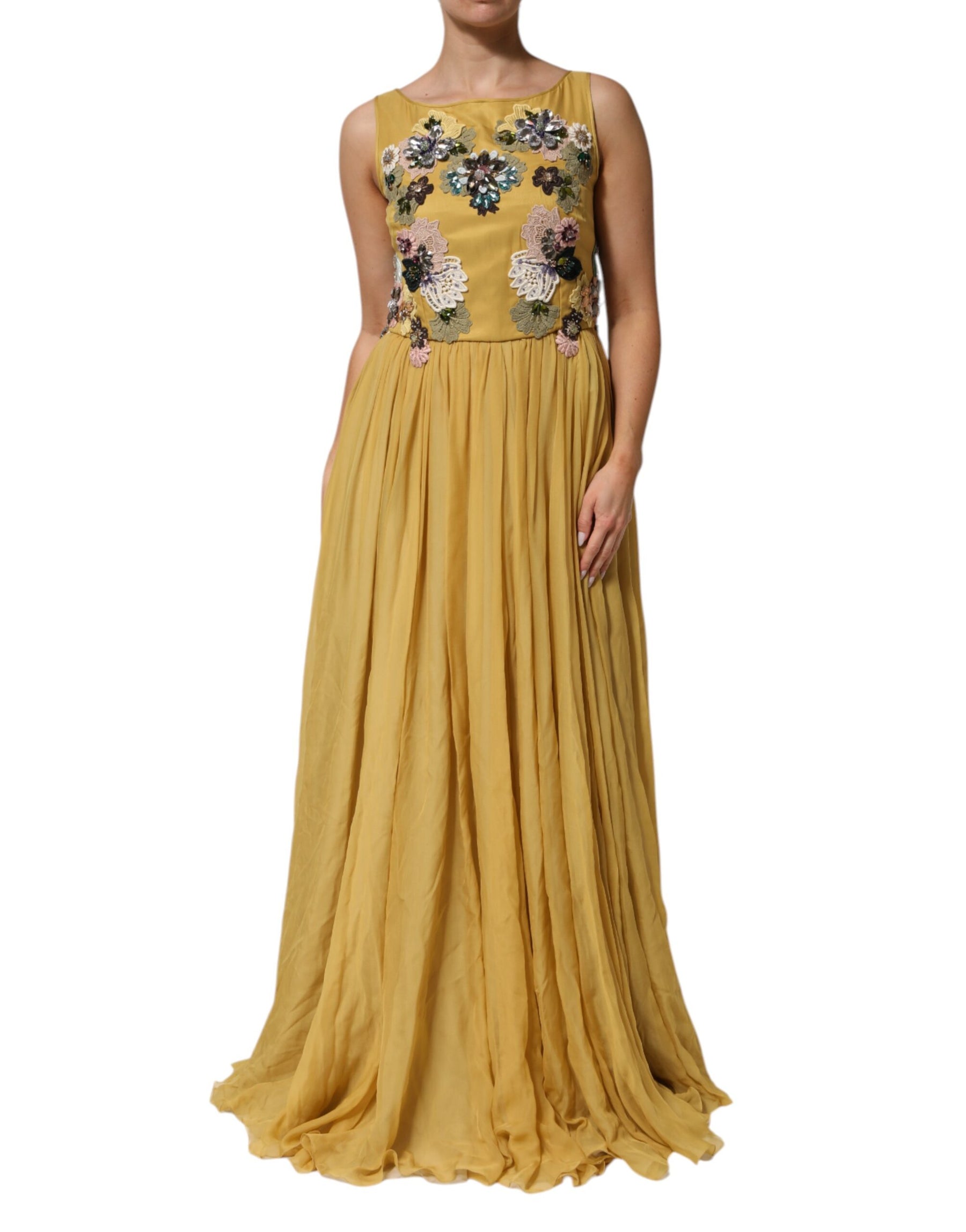 Dolce & Gabbana Yellow Silk Floral Embroidered Maxi Dress | Regal Royce