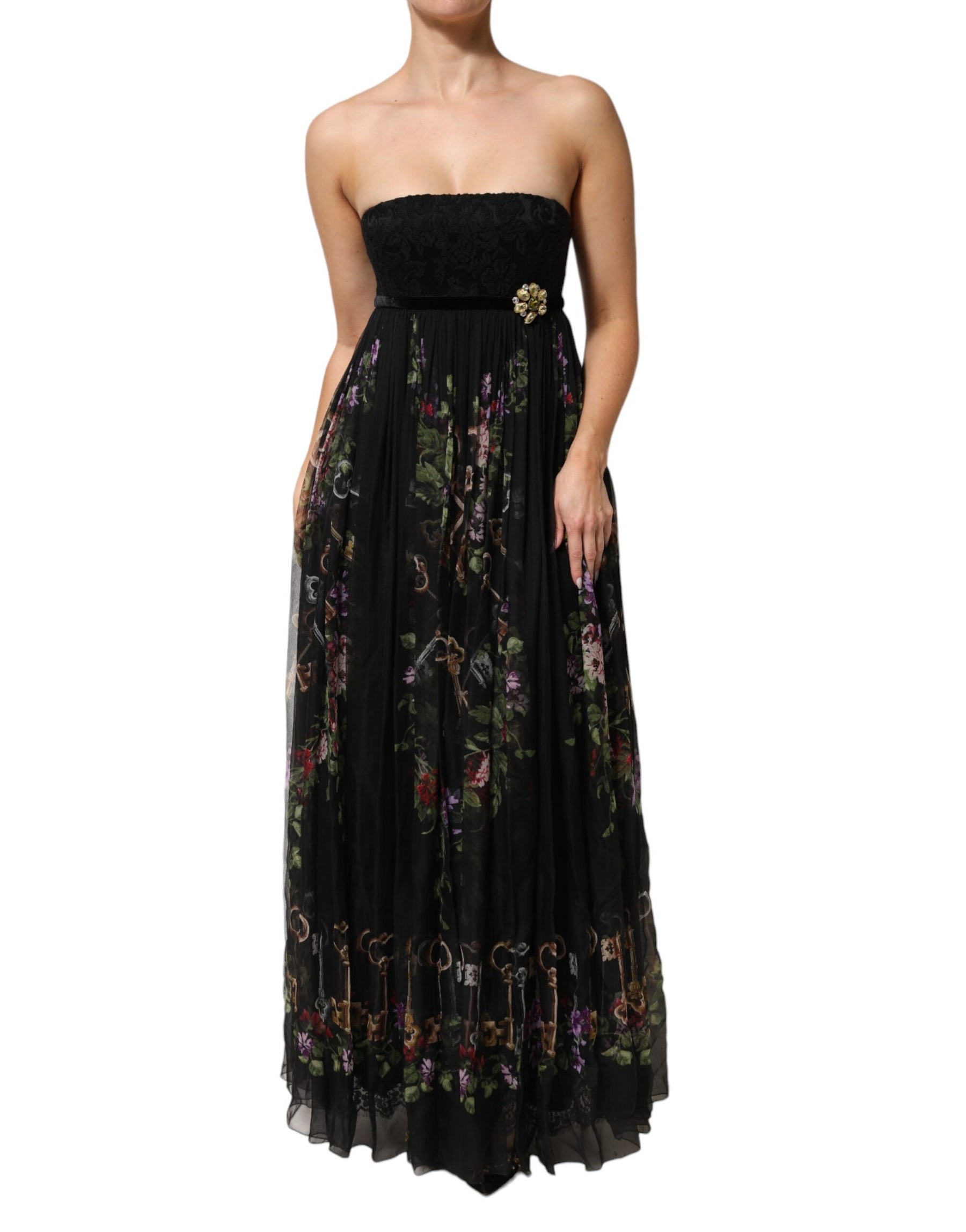 Dolce & Gabbana Black Floral Key Print Crystal Strapless Dress | Regal Royce