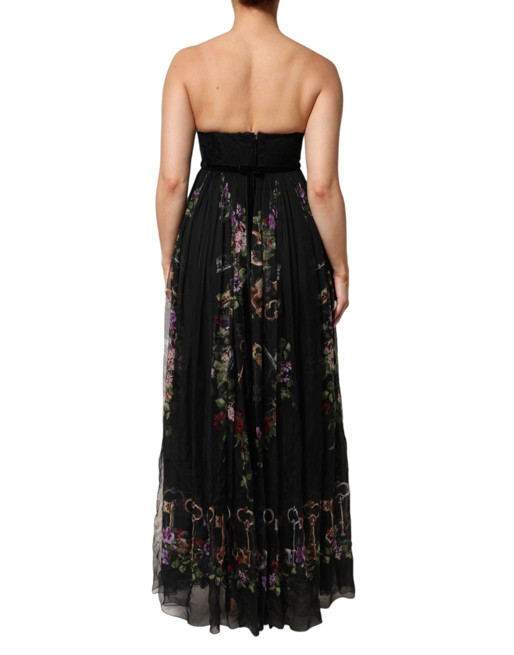 Dolce & Gabbana Black Floral Key Print Crystal Strapless Dress | Regal Royce