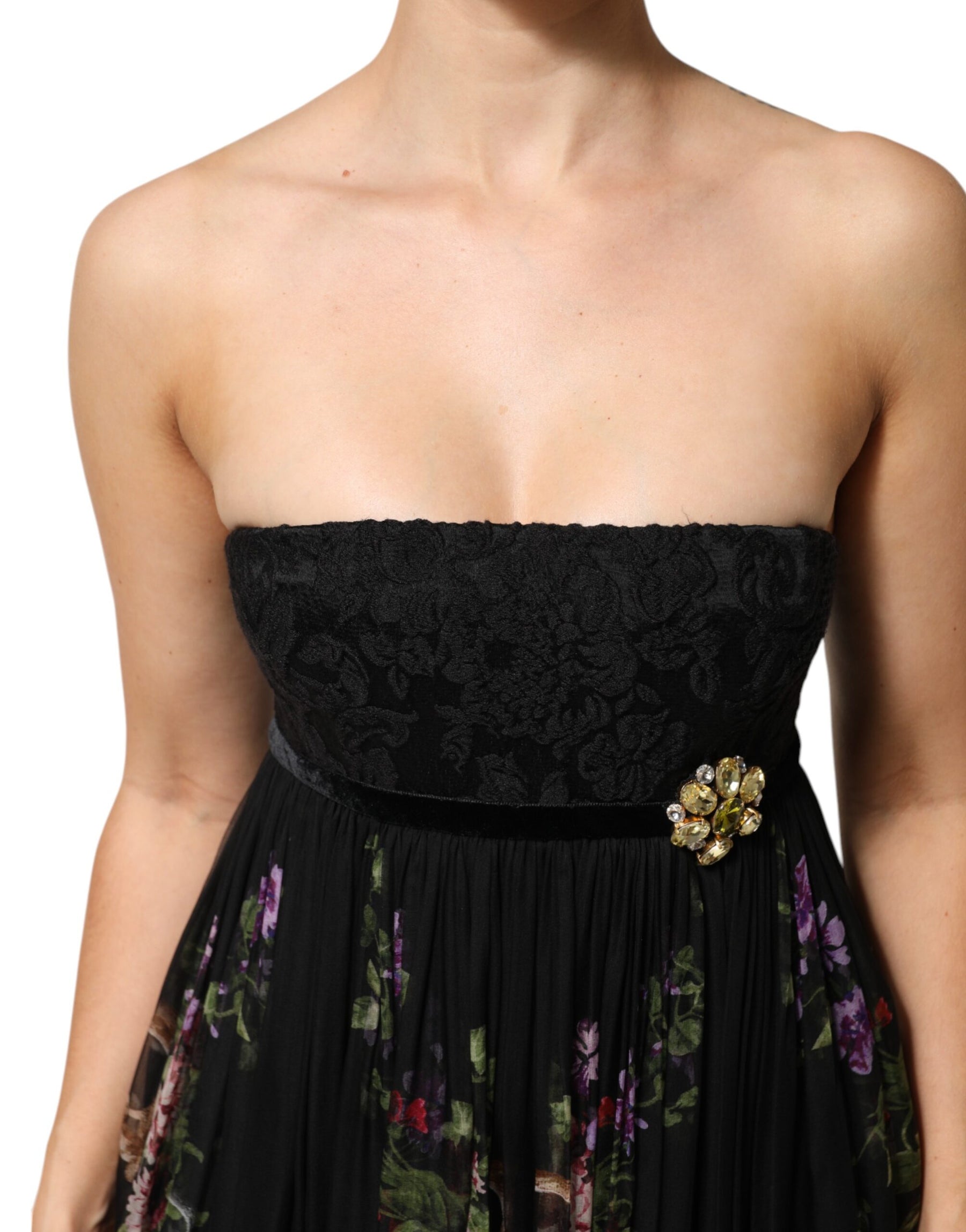 Dolce & Gabbana Black Floral Key Print Crystal Strapless Dress | Regal Royce