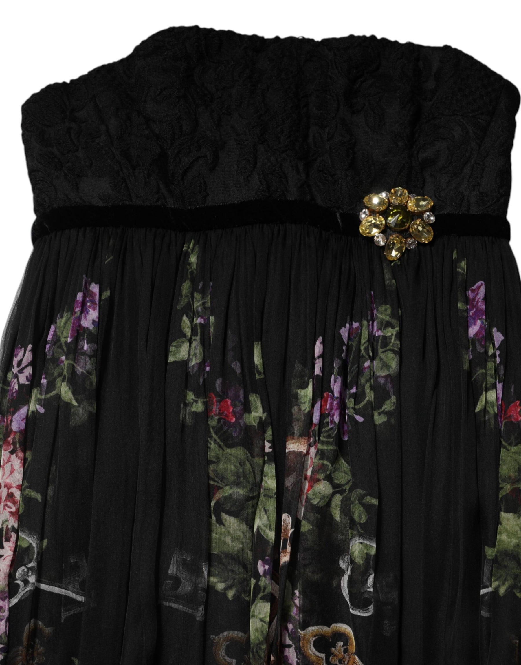Dolce & Gabbana Black Floral Key Print Crystal Strapless Dress | Regal Royce