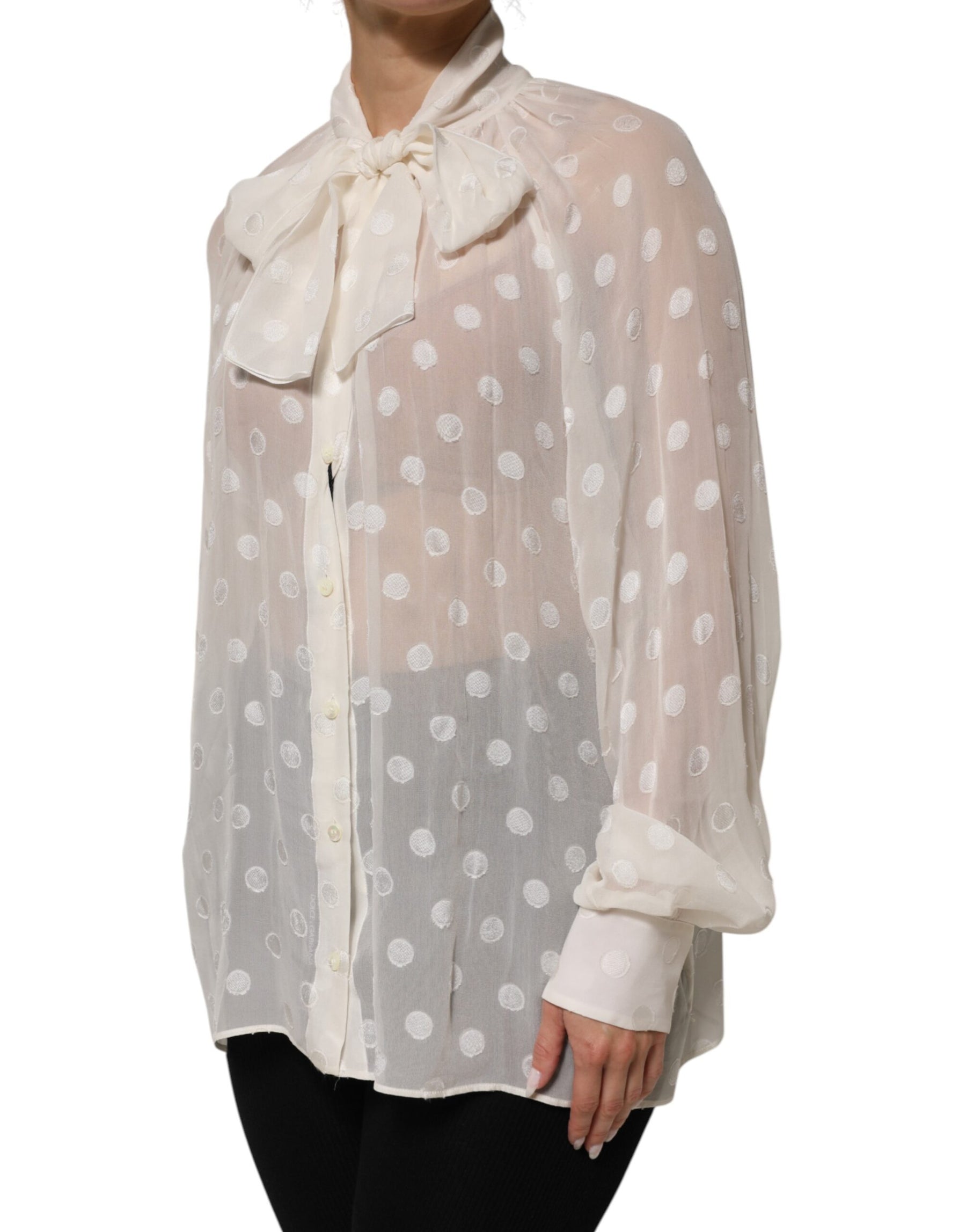 Dolce & Gabbana White Polka Sheer Silk Bow Tie Shirt Blouse Top | Regal Royce