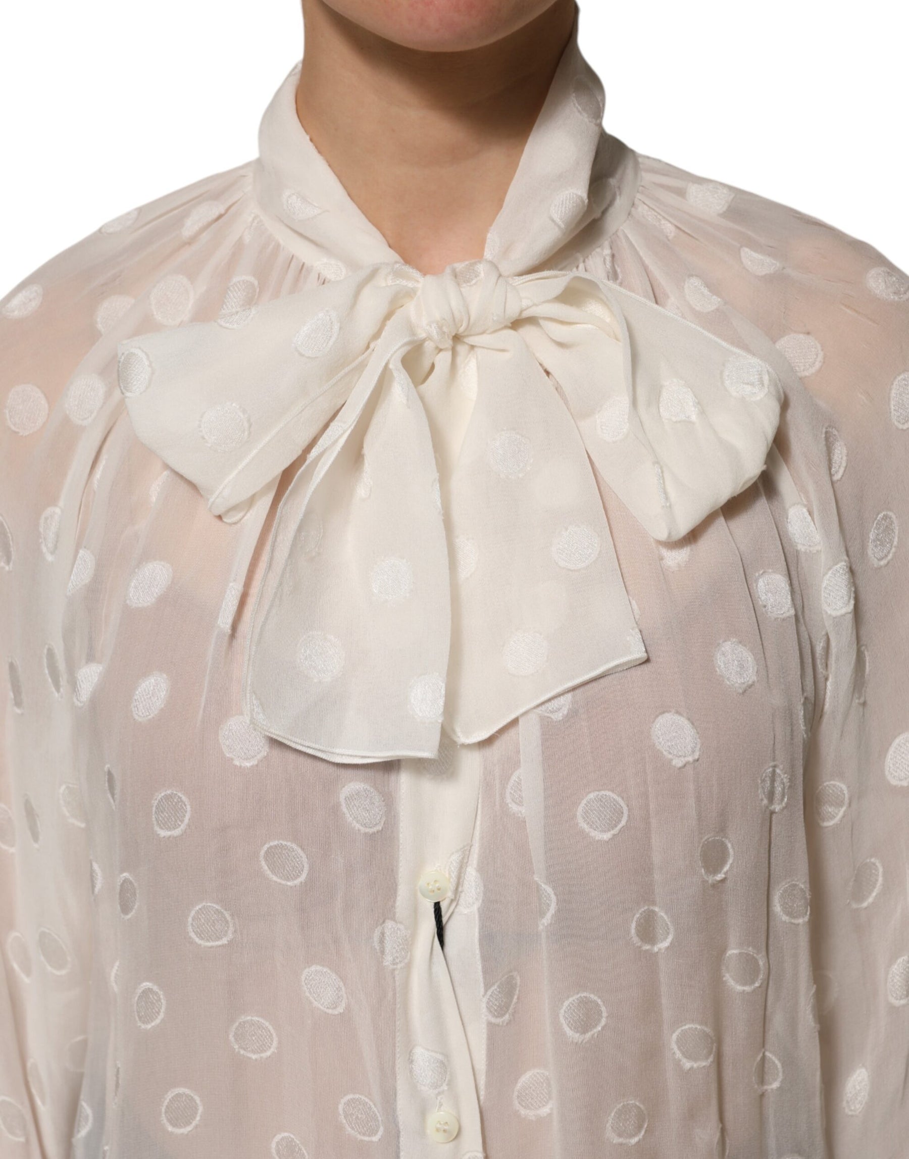 Dolce & Gabbana White Polka Sheer Silk Bow Tie Shirt Blouse Top | Regal Royce