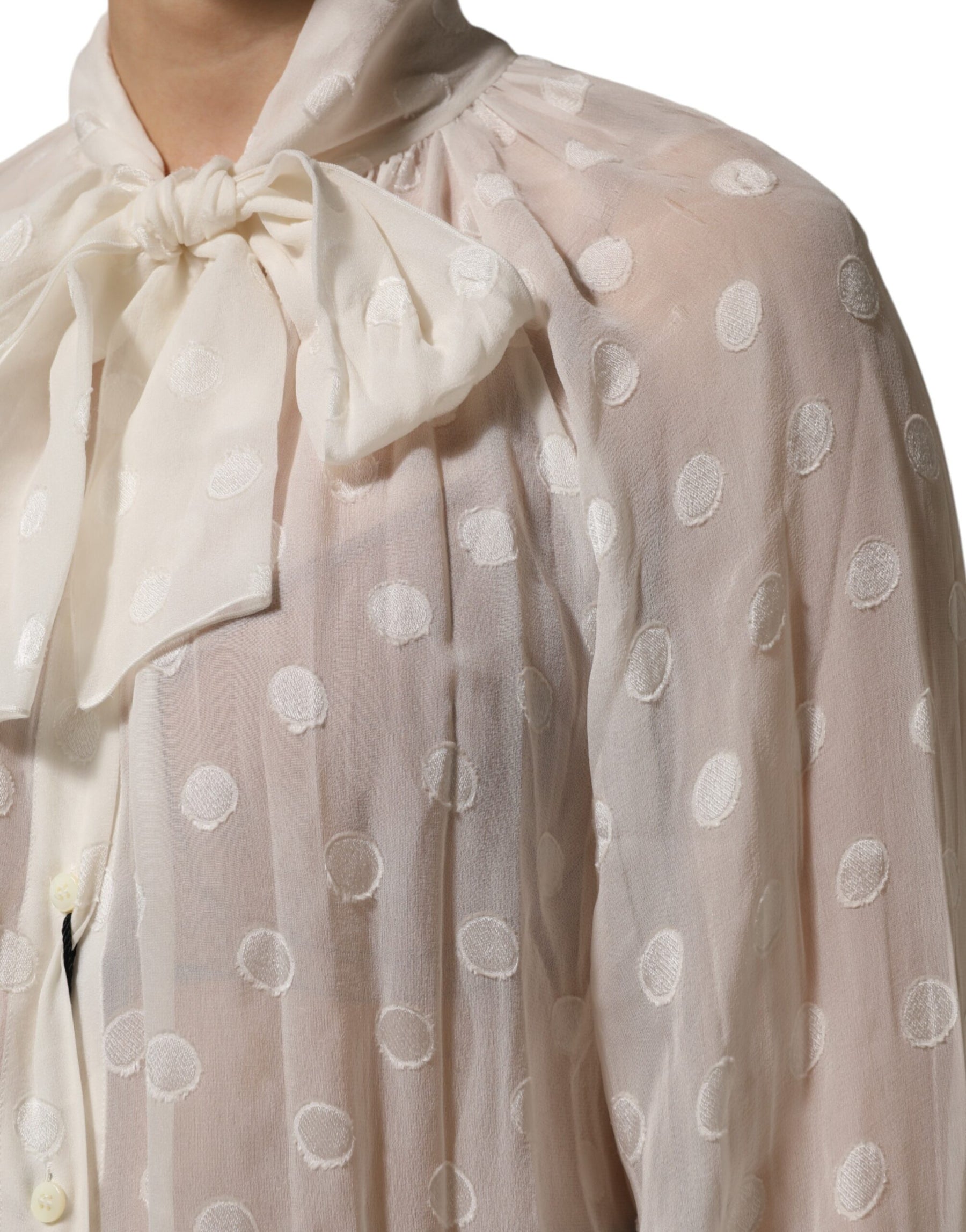 Dolce & Gabbana White Polka Sheer Silk Bow Tie Shirt Blouse Top | Regal Royce